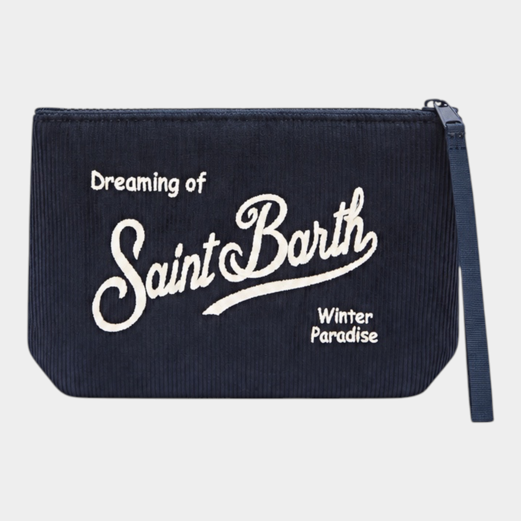 Pochette Follower SRL Aline in velluto a coste blu navy con ricamo logo bianco e cinturino da polso