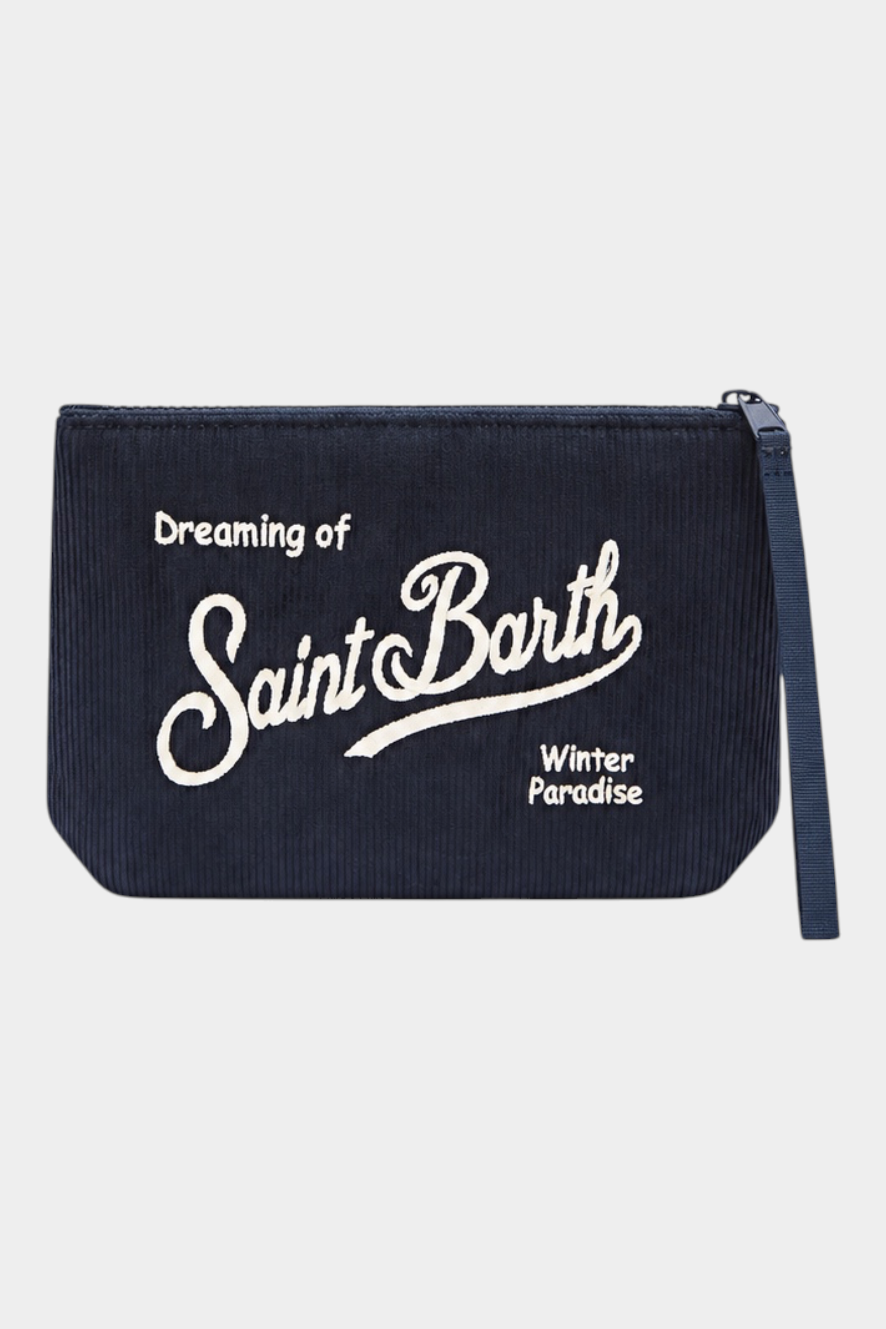 Pochette Follower SRL Aline in velluto a coste blu navy con ricamo logo bianco e cinturino da polso
