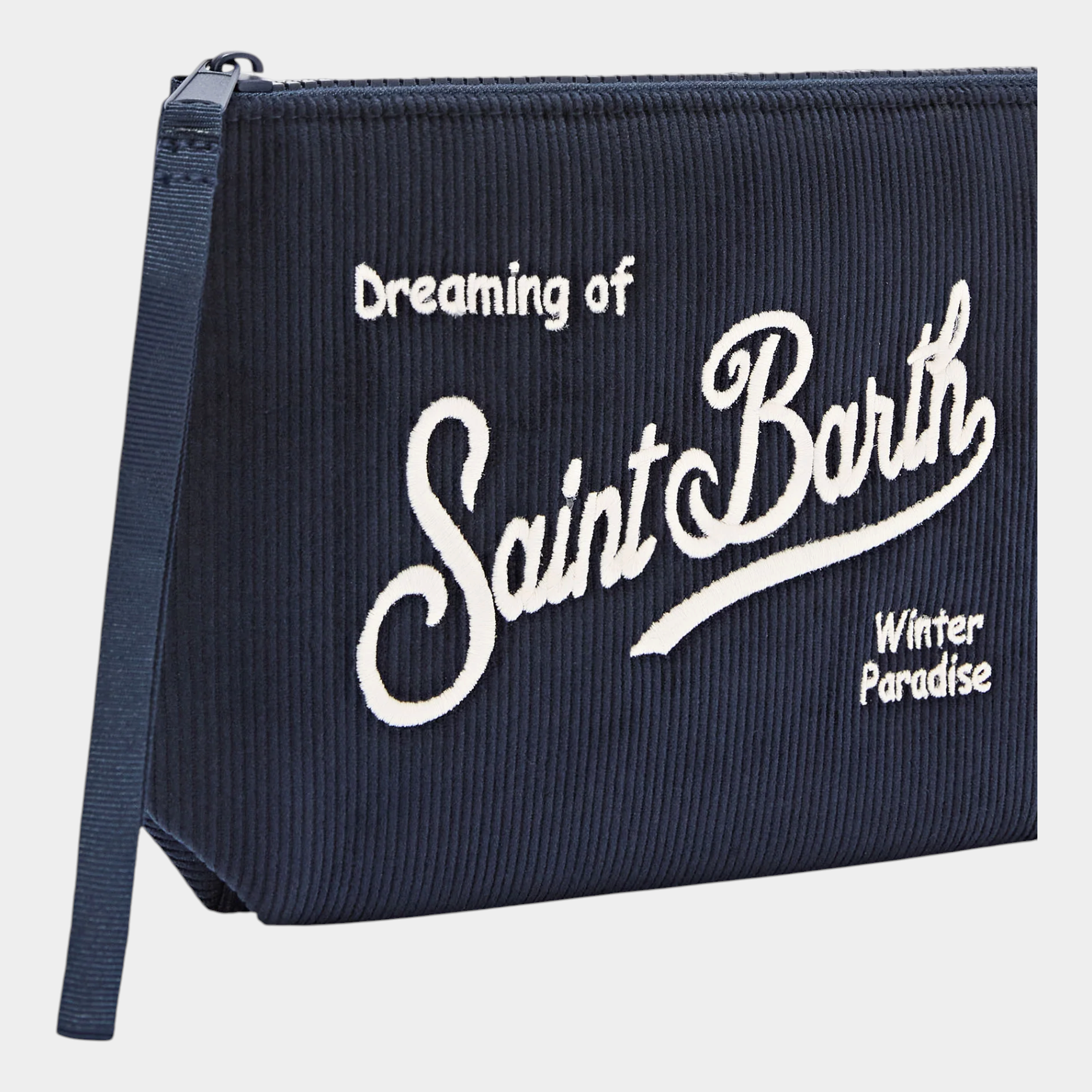 Pochette Follower SRL Aline in velluto a coste blu navy con ricamo bianco Dreaming of Saint Barth