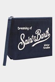 Pochette Follower SRL Aline in velluto a coste blu navy con ricamo bianco Dreaming of Saint Barth
