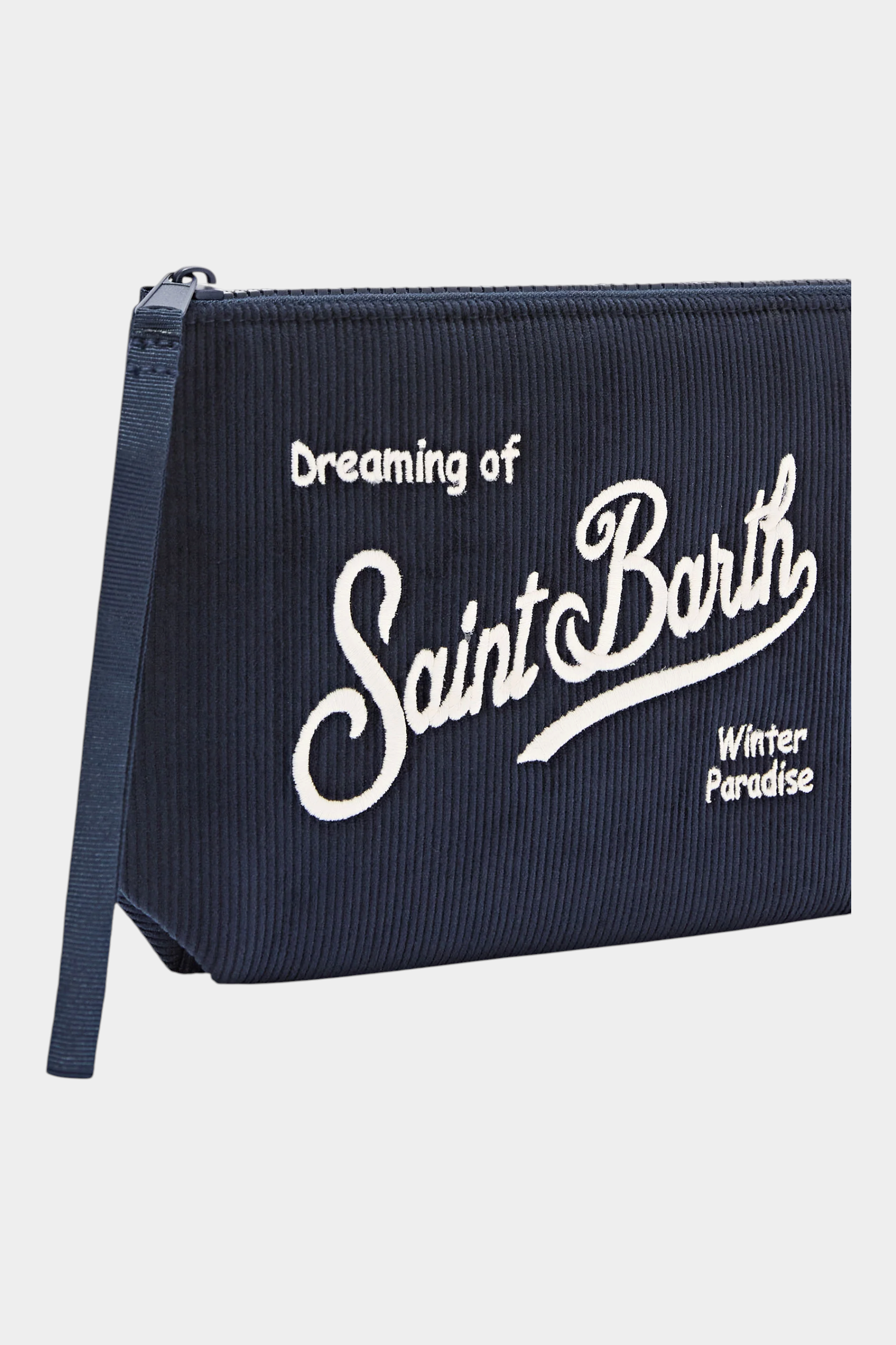 Pochette Follower SRL Aline in velluto a coste blu navy con ricamo bianco Dreaming of Saint Barth