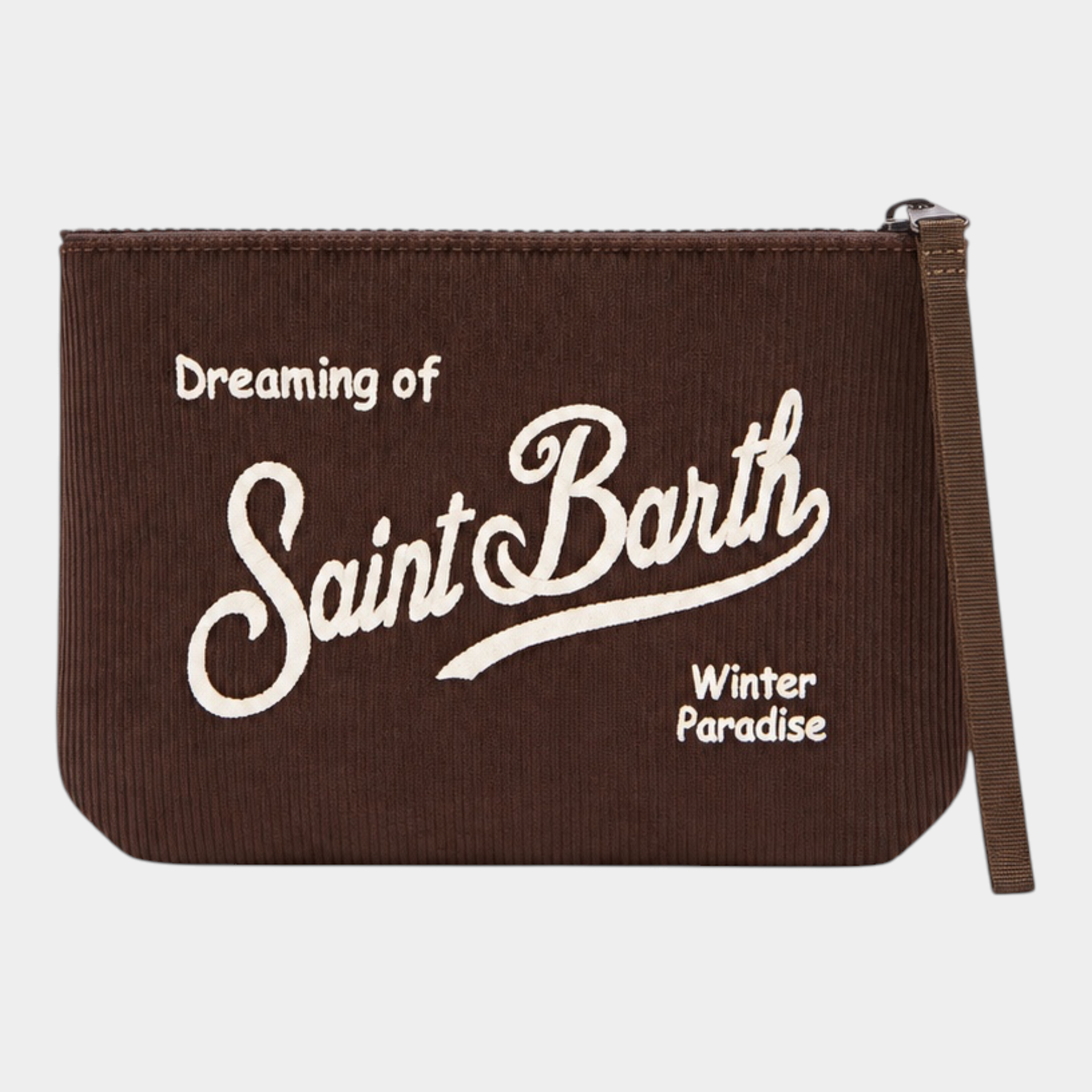 Pochette Follower SRL Aline in velluto a coste marrone con ricamo logo bianco e cinturino da polso