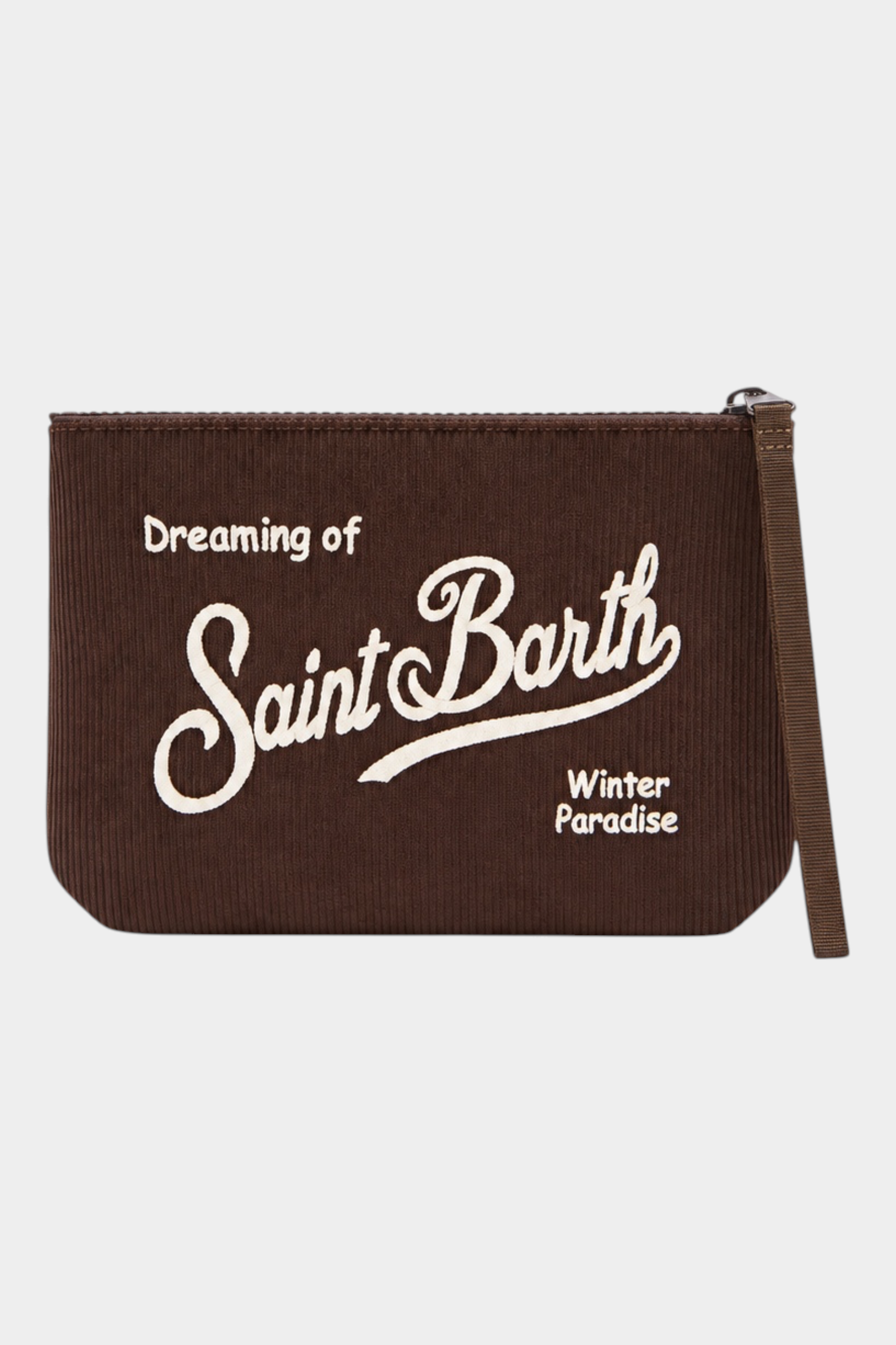 Pochette Follower SRL Aline in velluto a coste marrone con ricamo logo bianco e cinturino da polso