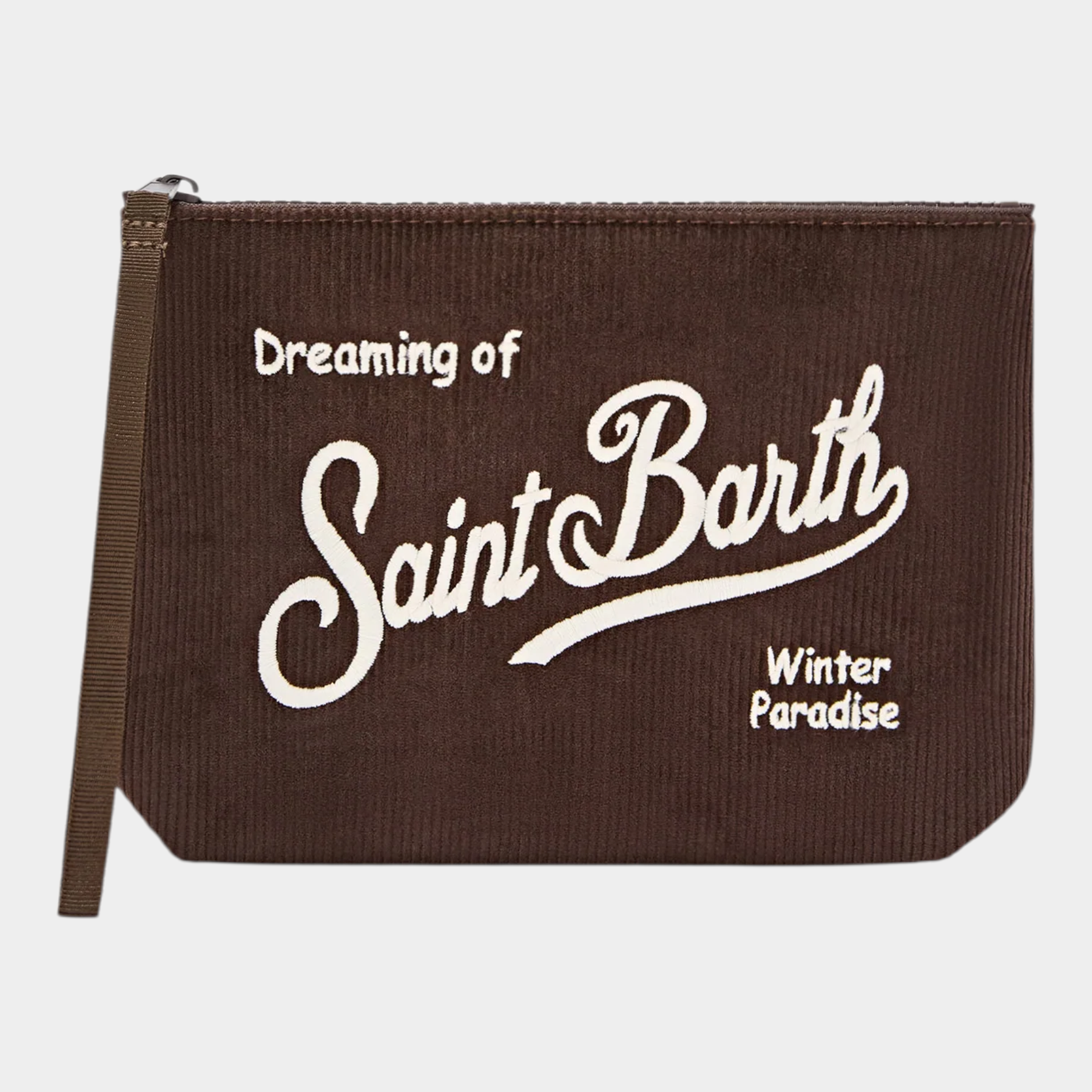 Pochette Follower SRL Aline in velluto a coste marrone con ricamo logo bianco Saint Barth e cinturino da polso