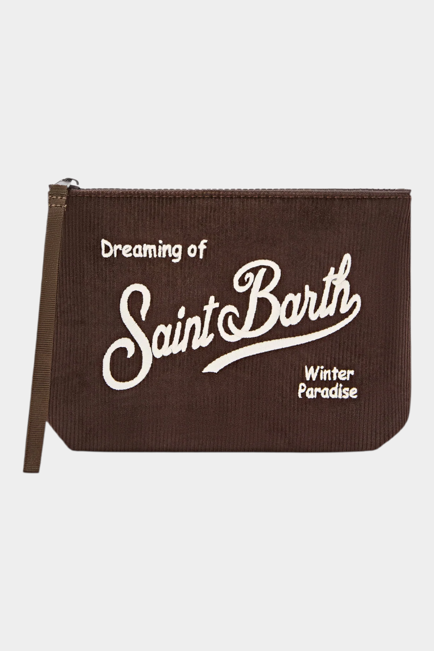 Pochette Follower SRL Aline in velluto a coste marrone con ricamo logo bianco Saint Barth e cinturino da polso