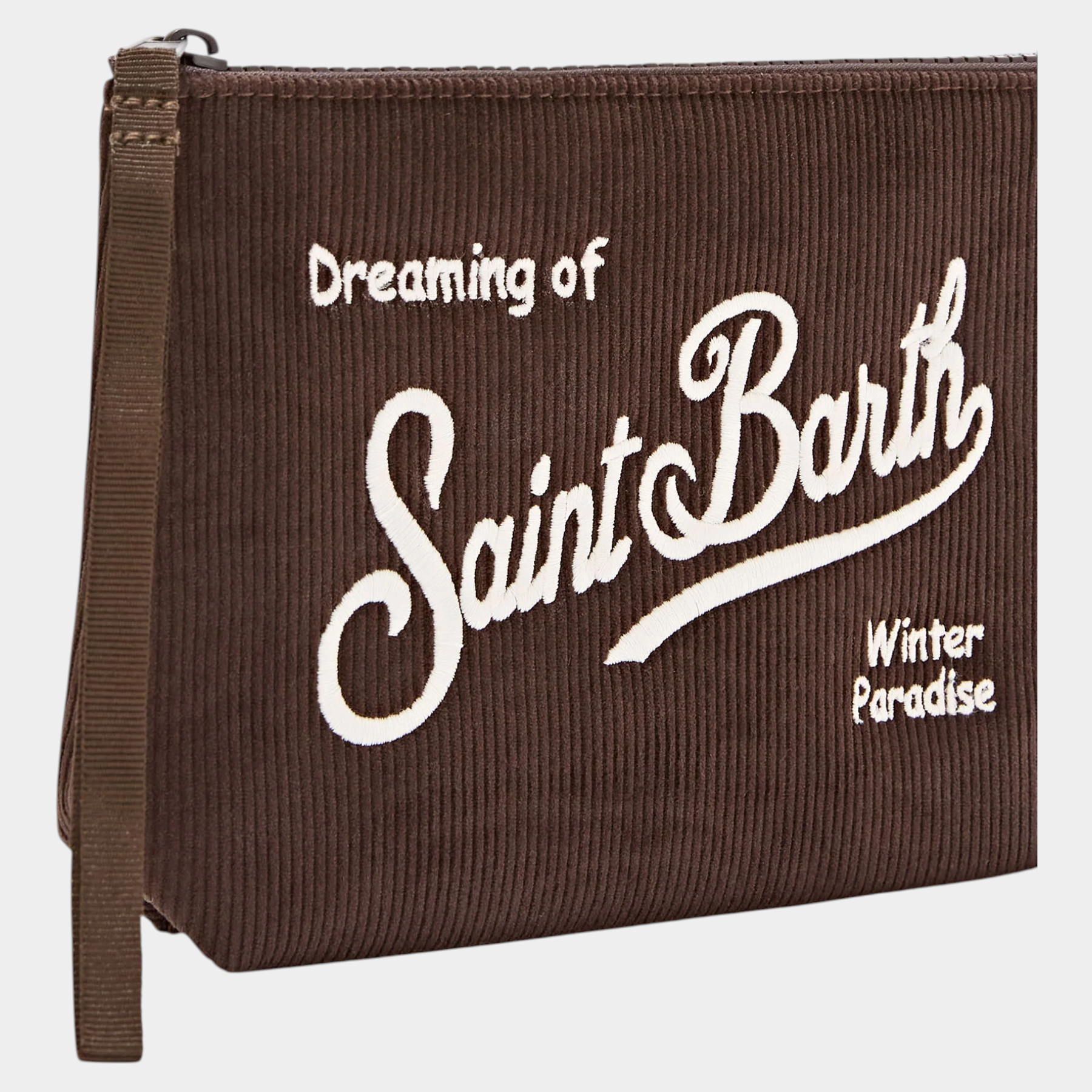 Pochette Follower SRL MC2 SAINT BARTH in velluto a coste marrone con ricamo bianco Dreaming of Saint Barth