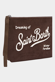 Pochette Follower SRL MC2 SAINT BARTH in velluto a coste marrone con ricamo bianco Dreaming of Saint Barth