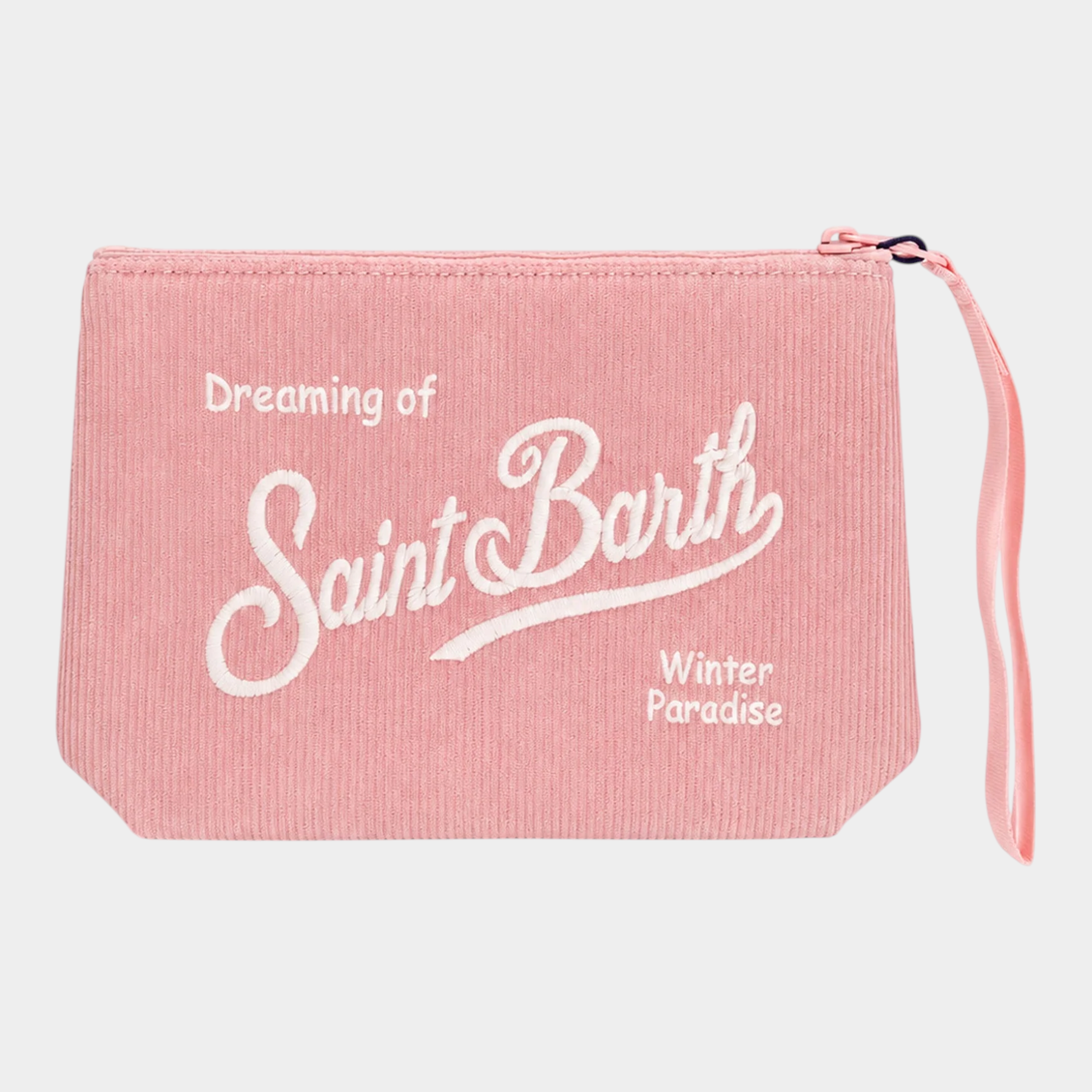 Pochette Follower SRL Aline in velluto a coste rosa con ricamo bianco Dreaming of Saint Barth Winter Paradise