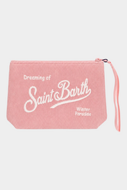Pochette Follower SRL Aline in velluto a coste rosa con ricamo bianco Dreaming of Saint Barth Winter Paradise
