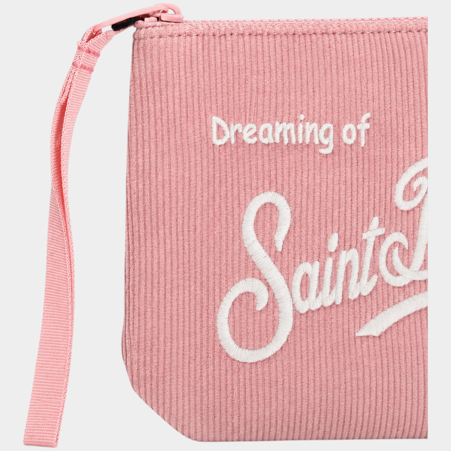 Pochette Follower SRL MC2 SAINT BARTH in velluto a coste rosa con ricamo bianco e cinturino da polso