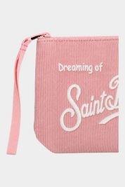 Pochette Follower SRL MC2 SAINT BARTH in velluto a coste rosa con ricamo bianco e cinturino da polso