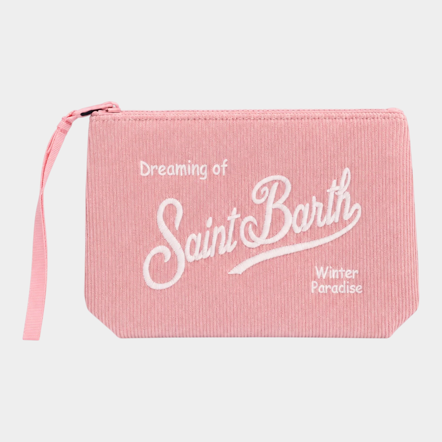 Pochette Follower SRL MC2 SAINT BARTH in velluto a coste rosa con ricamo bianco e cinturino da polso