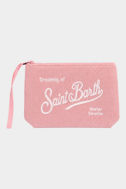 Pochette Follower SRL MC2 SAINT BARTH in velluto a coste rosa con ricamo bianco e cinturino da polso
