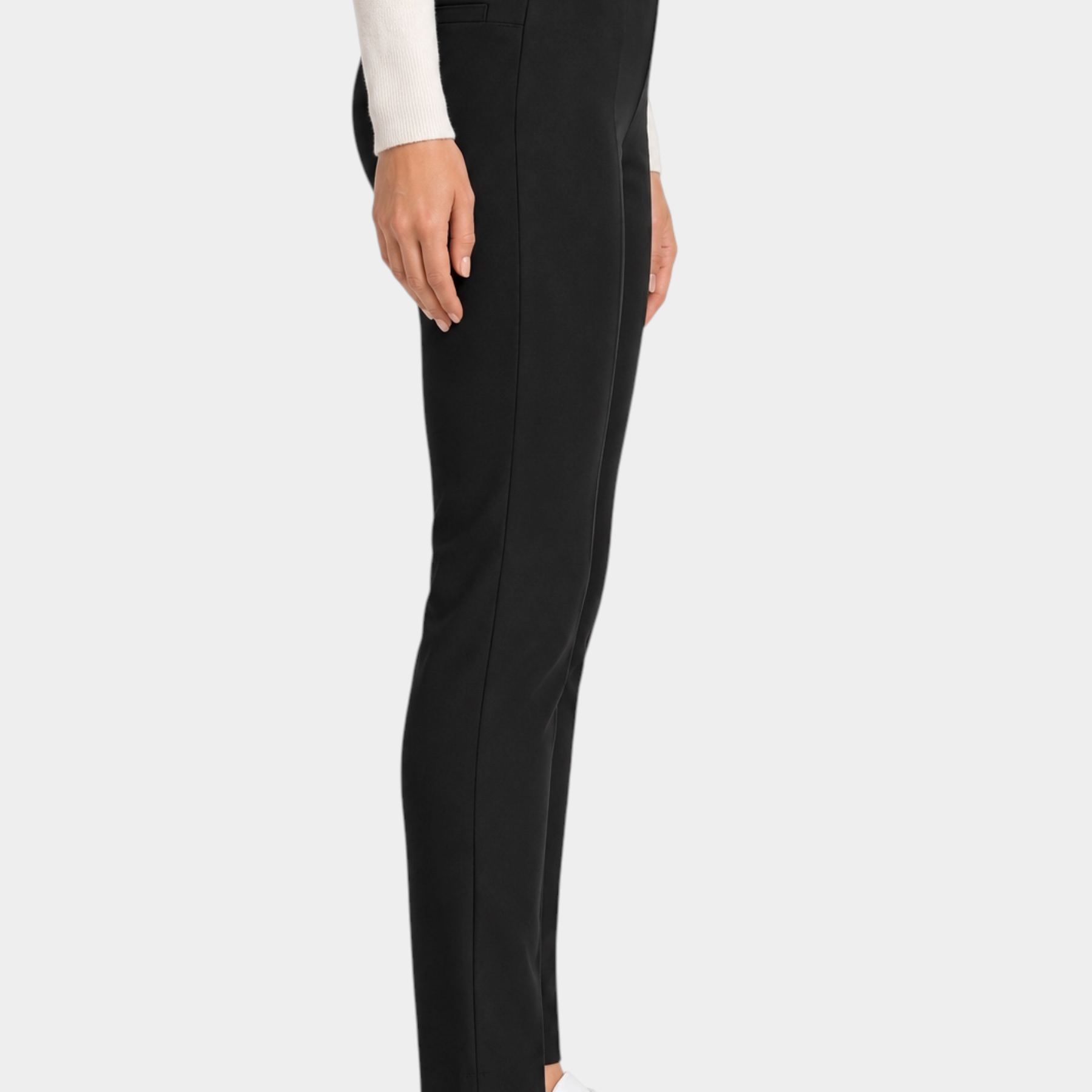 Follower SRL Ragno black cigarette trousers with belt loops and side view on a model wearing white sneakers
