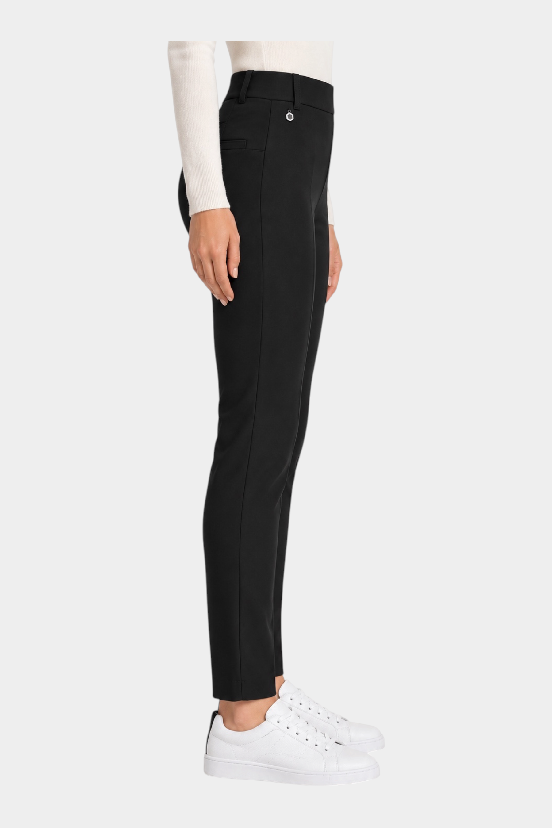 Follower SRL Ragno black cigarette trousers with belt loops and side view on a model wearing white sneakers