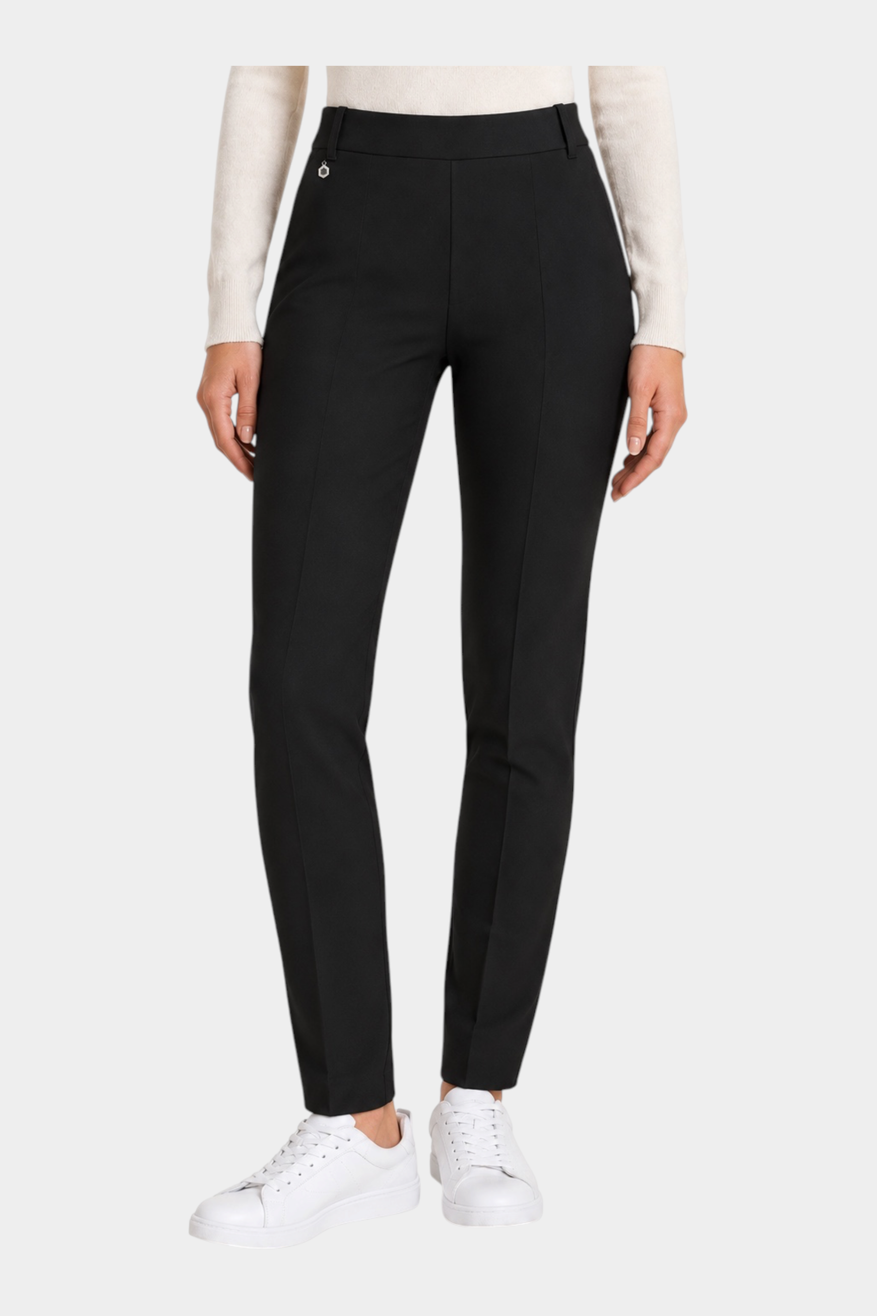 Follower SRL Ragno black cigarette trousers with belt loops and front seam detail worn with white sneakers