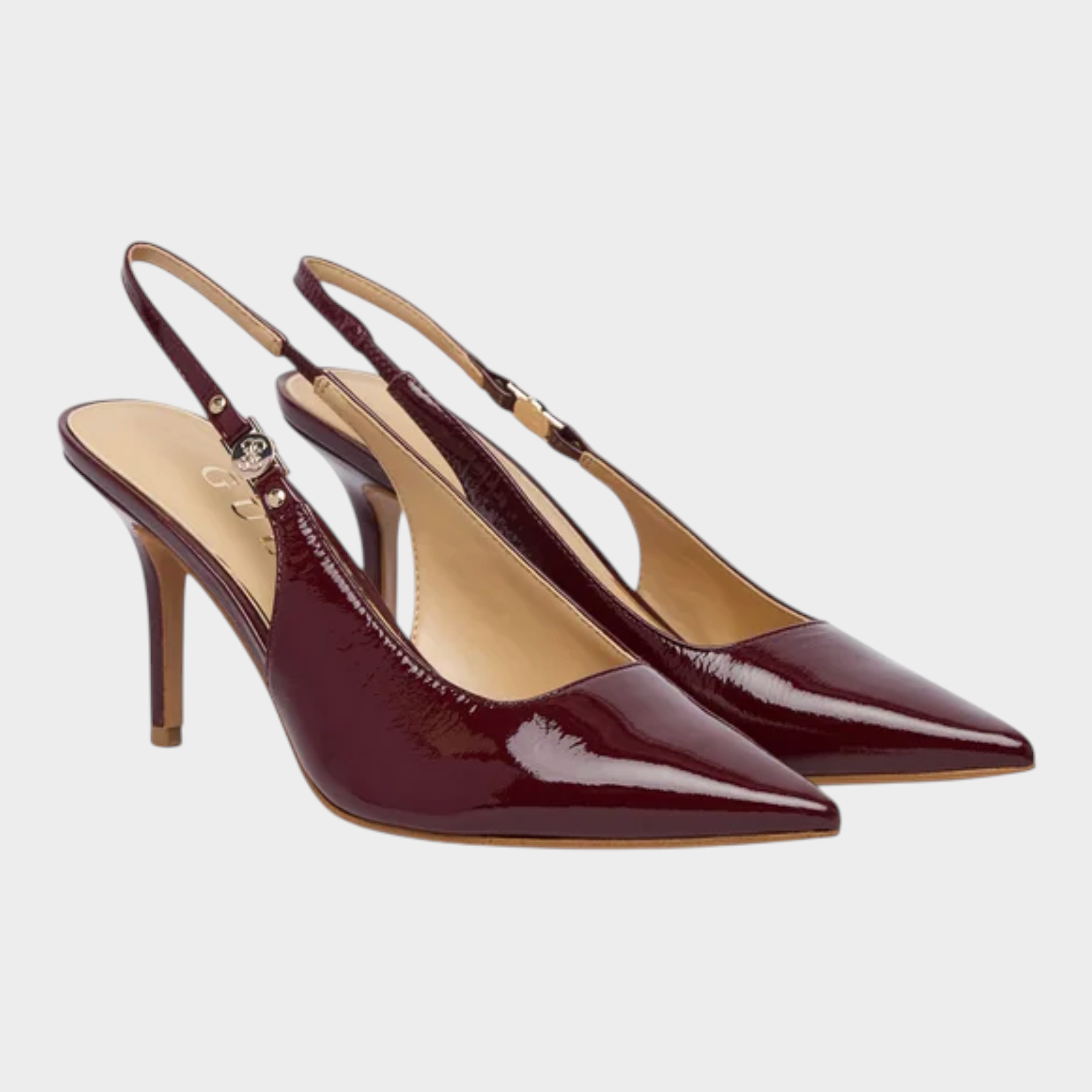 Sandali decolleté slingback Follower SRL GUESS color bordeaux in vernice lucida con tacco a spillo e punta affilata