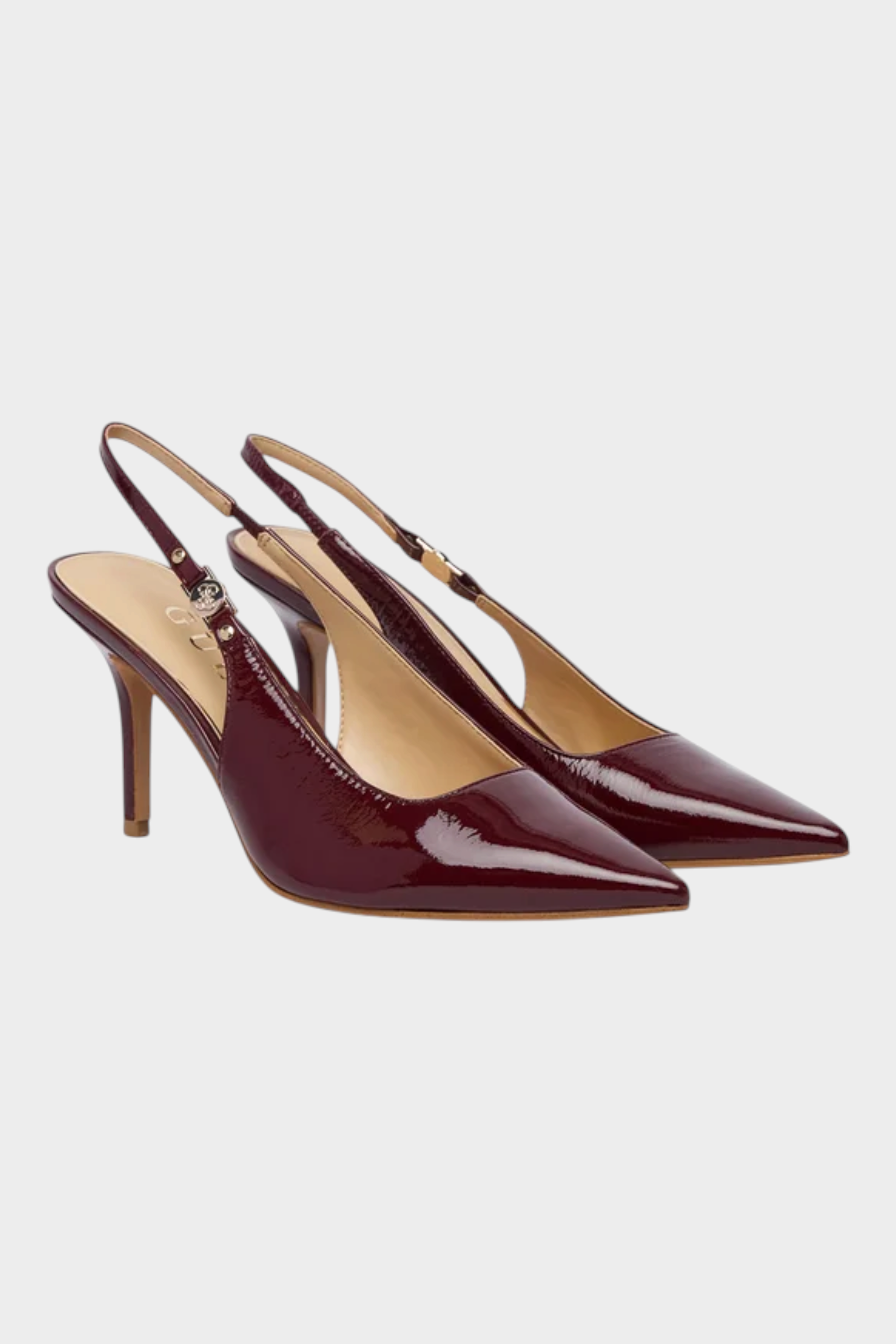 Sandali decolleté slingback Follower SRL GUESS color bordeaux in vernice lucida con tacco a spillo e punta affilata