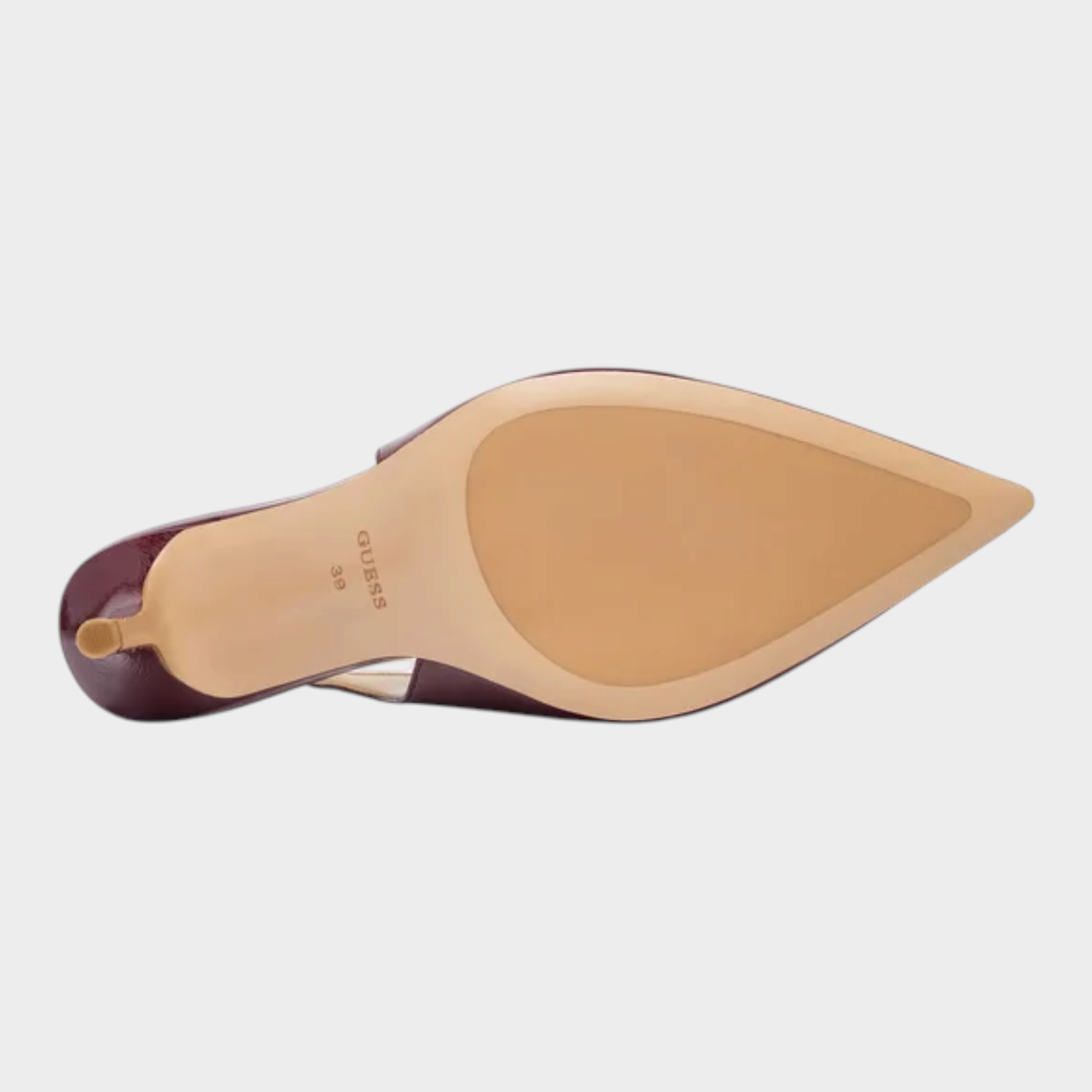 Suola di sandalo decolleté bordeaux GUESS con tacco a spillo, vista dal basso, collezione Follower SRL