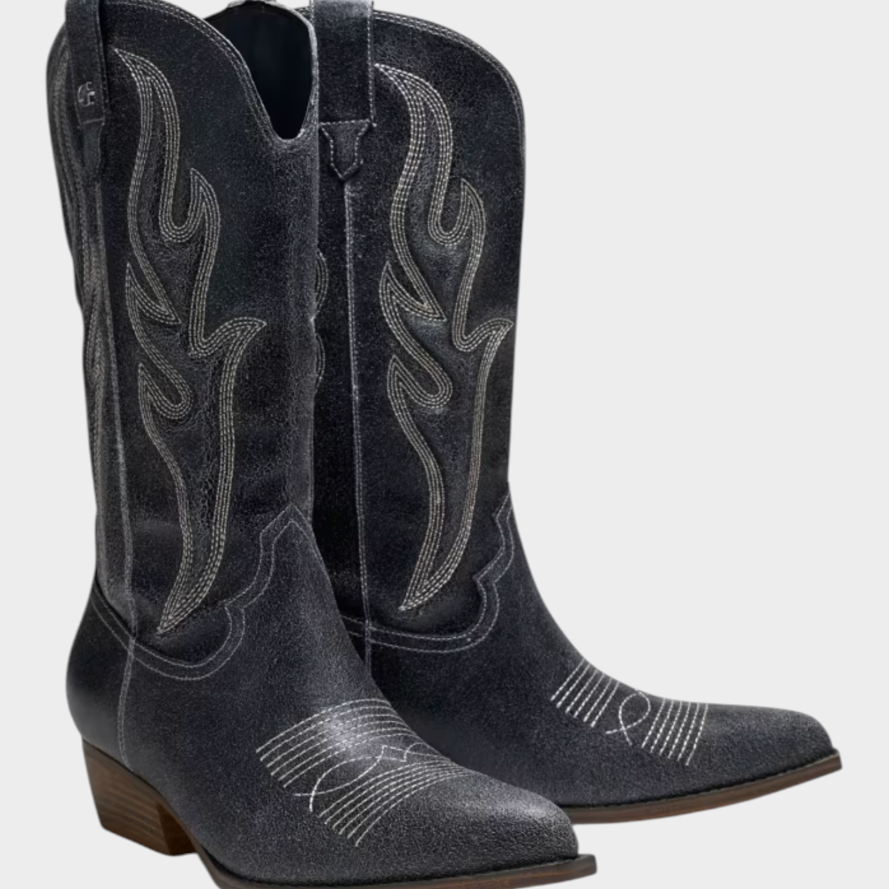 Stivali camperos Follower SRL in suede nero con ricami a fiamma e punta tonda, tacco da 4,5 cm e suola in gomma.
