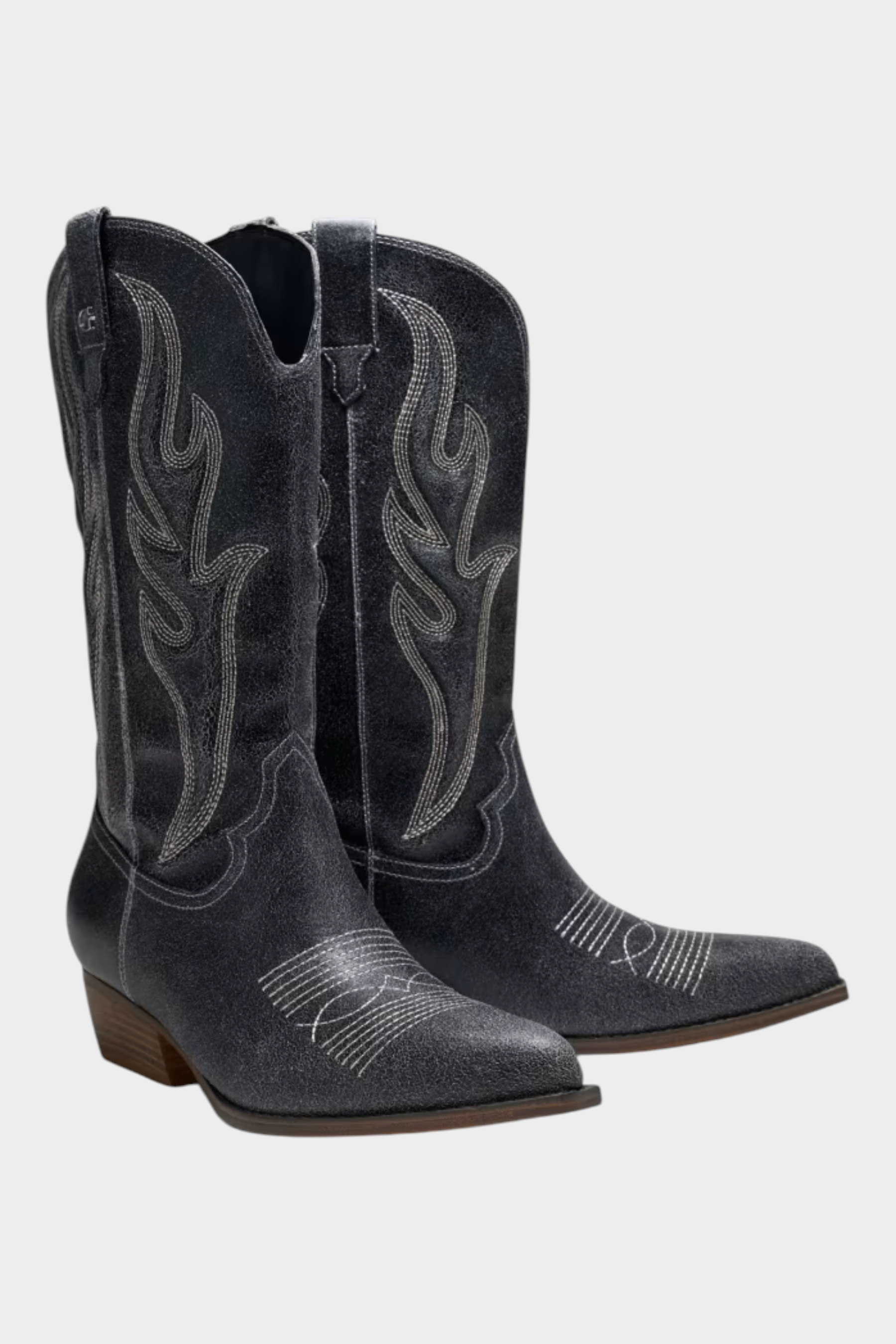 Stivali camperos Follower SRL in suede nero con ricami a fiamma e punta tonda, tacco da 4,5 cm e suola in gomma.