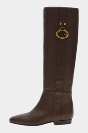 Stivali alti da donna Follower SRL modello Elliana in poliuretano marrone con logo G dorato e finitura testurizzata
