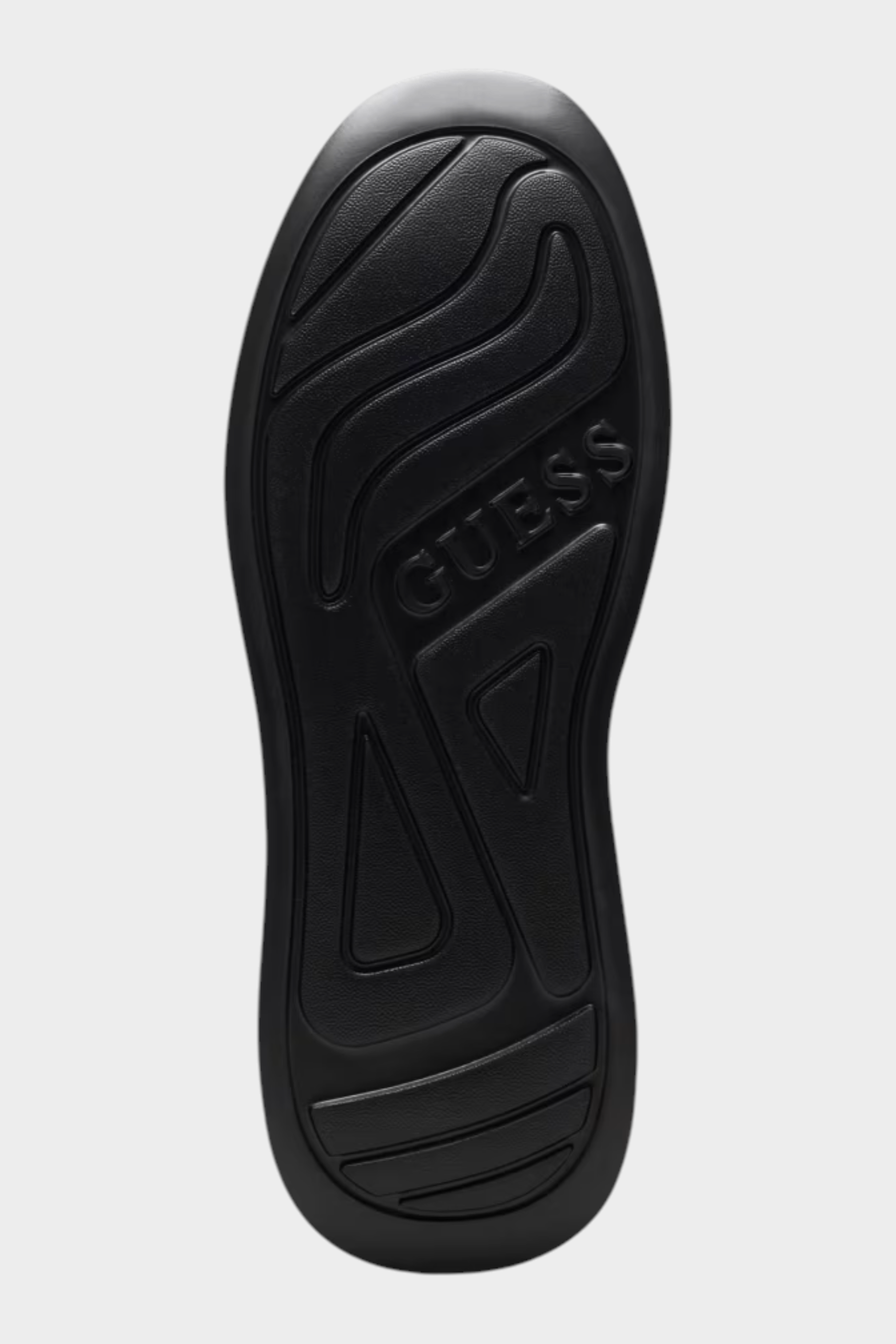 Suola nera in gomma di sneaker Follower SRL GUESS con logo in rilievo e motivo geometrico antiscivolo