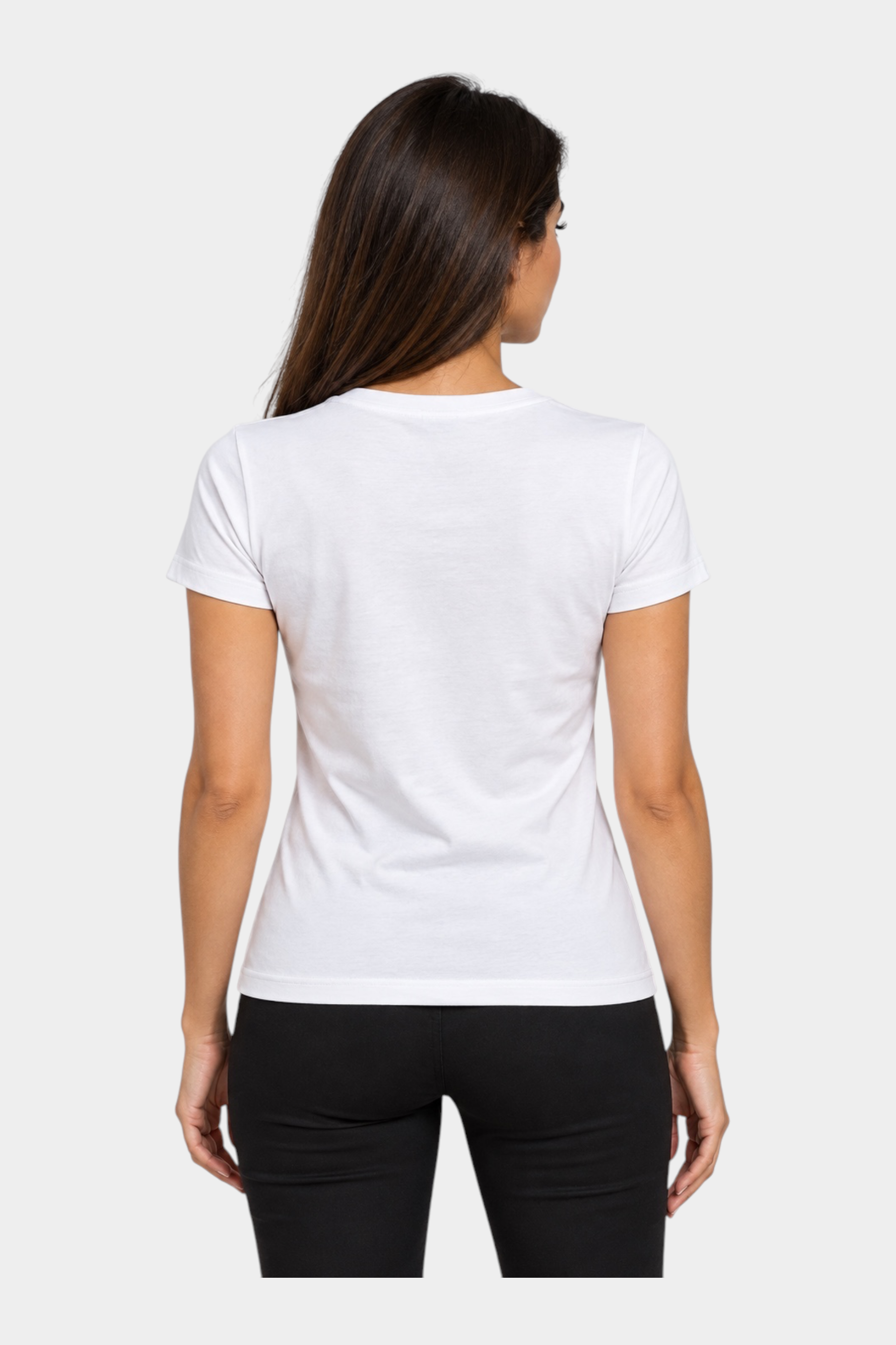 Vista posteriore di una t-shirt avorio Follower SRL a maniche corte indossata da una modella su sfondo neutro