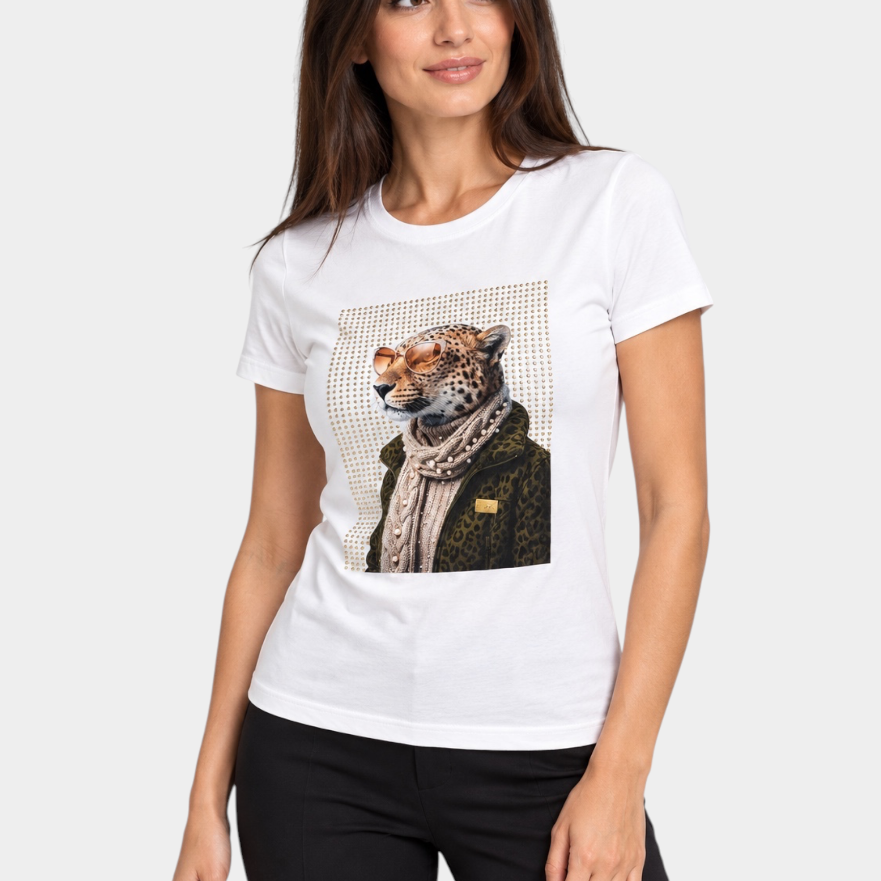 T-shirt Follower SRL avorio in cotone con stampa grafica di leopardo stilizzato e decorazioni gioiello