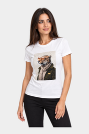 T-shirt Follower SRL avorio in cotone con stampa grafica di leopardo stilizzato e decorazioni gioiello