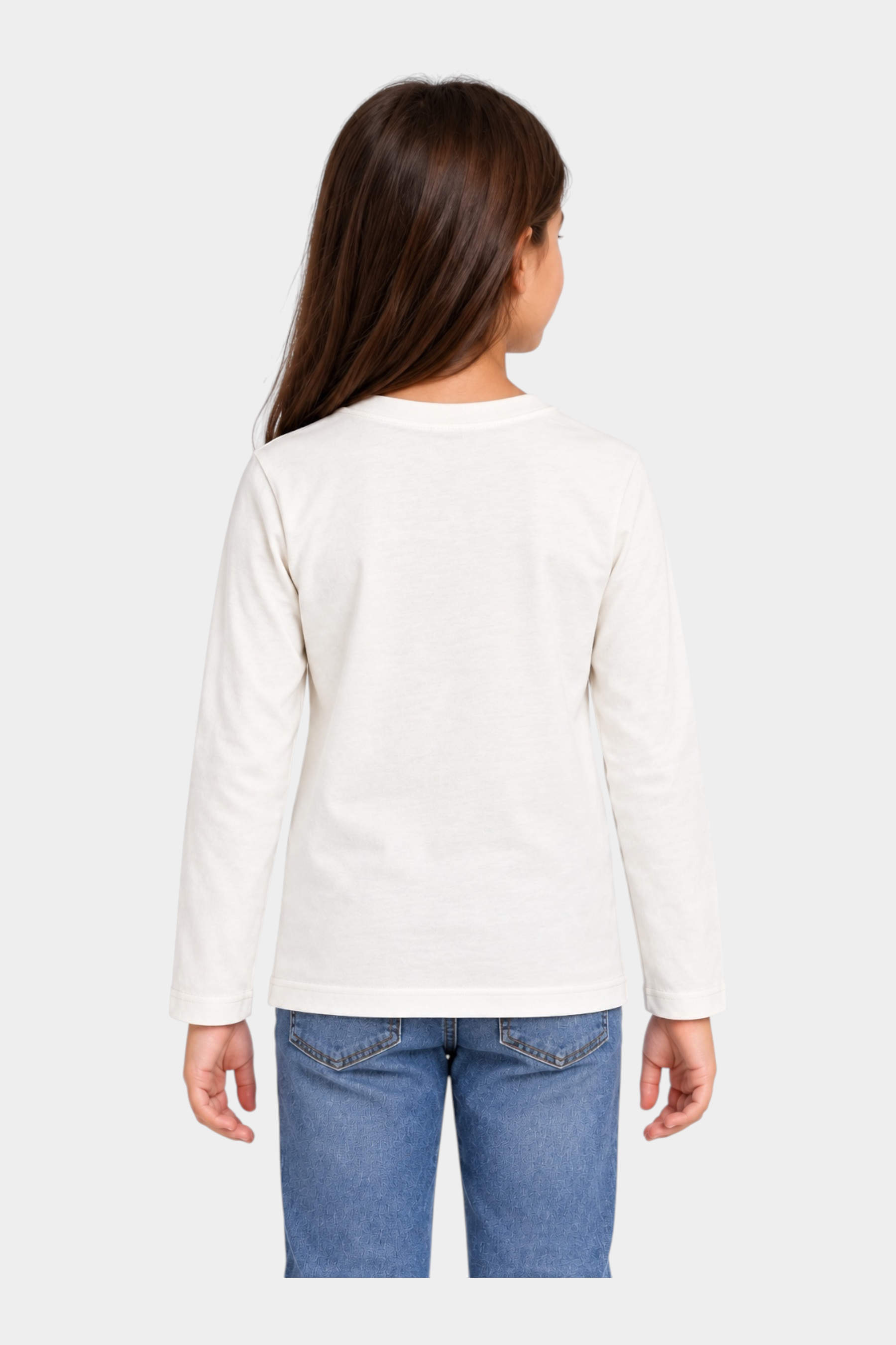 Vista posteriore di una bambina che indossa una t-shirt bianca a maniche lunghe Follower SRL con dettagli in strass