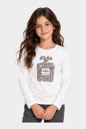 T-shirt bianca a maniche lunghe Follower SRL con stampa gioiello a forma di boccetta di profumo per bambina
