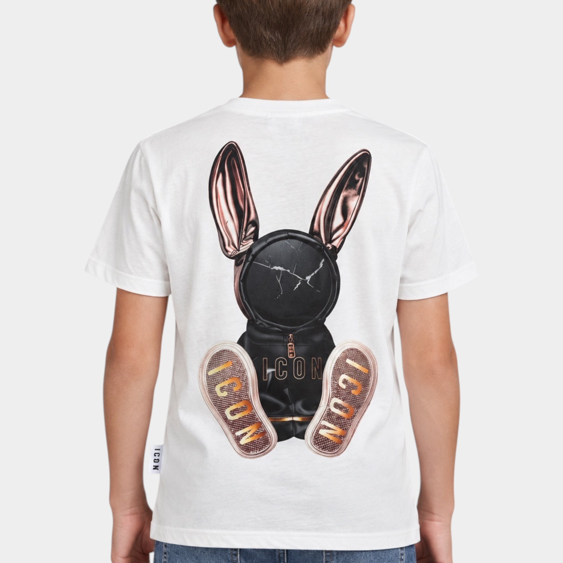 T-shirt Follower SRL avorio per bambino con stampa grafica posteriore di un coniglio stilizzato e logo ICON