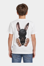 T-shirt Follower SRL avorio per bambino con stampa grafica posteriore di un coniglio stilizzato e logo ICON