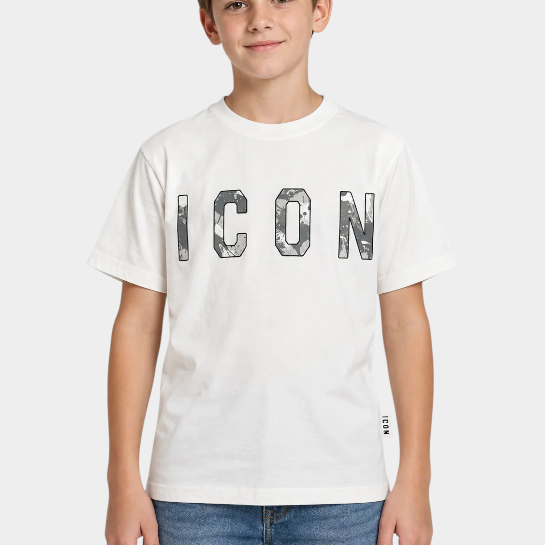 T-shirt bianca Follower SRL per bambino con stampa logo ICON mimetico sul petto e etichetta laterale