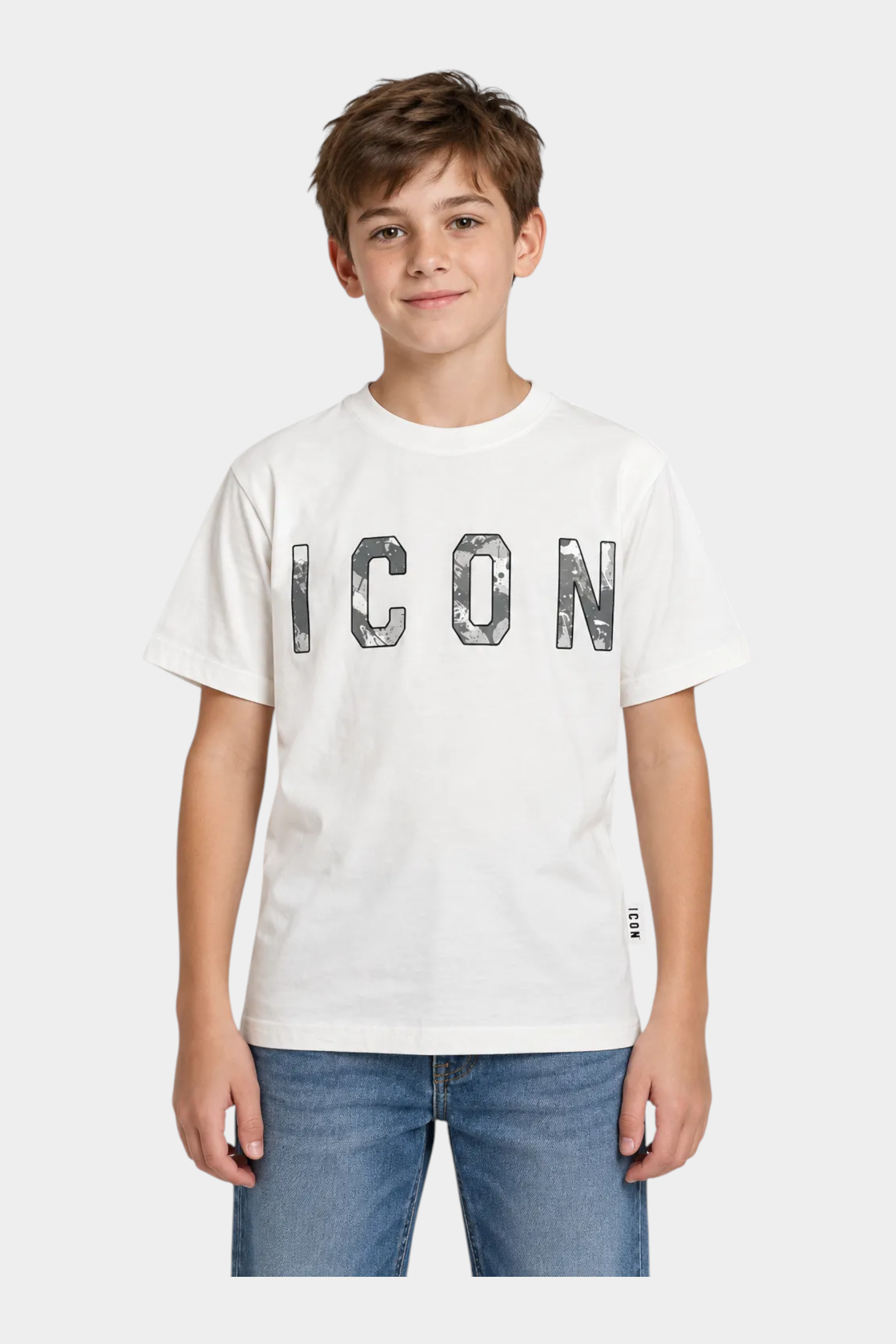 T-shirt bianca Follower SRL per bambino con stampa logo ICON mimetico sul petto e etichetta laterale