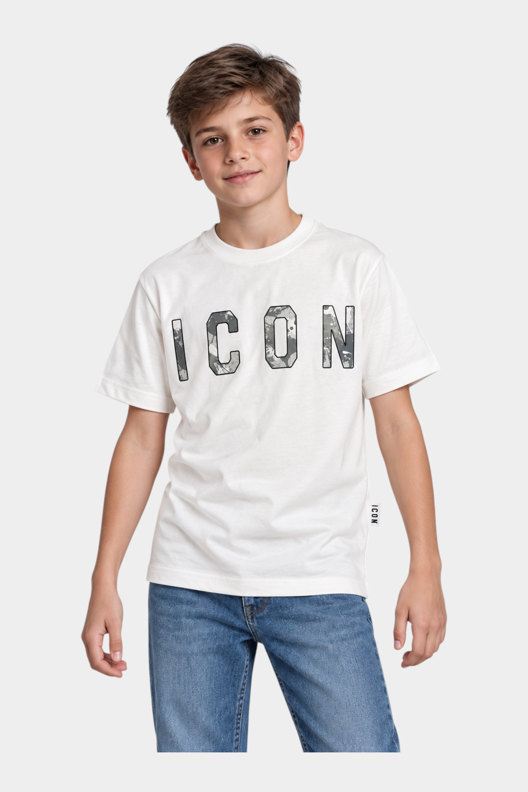T-shirt bianca Follower SRL per bambino con stampa ICON mimetica sul petto e girocollo in cotone
