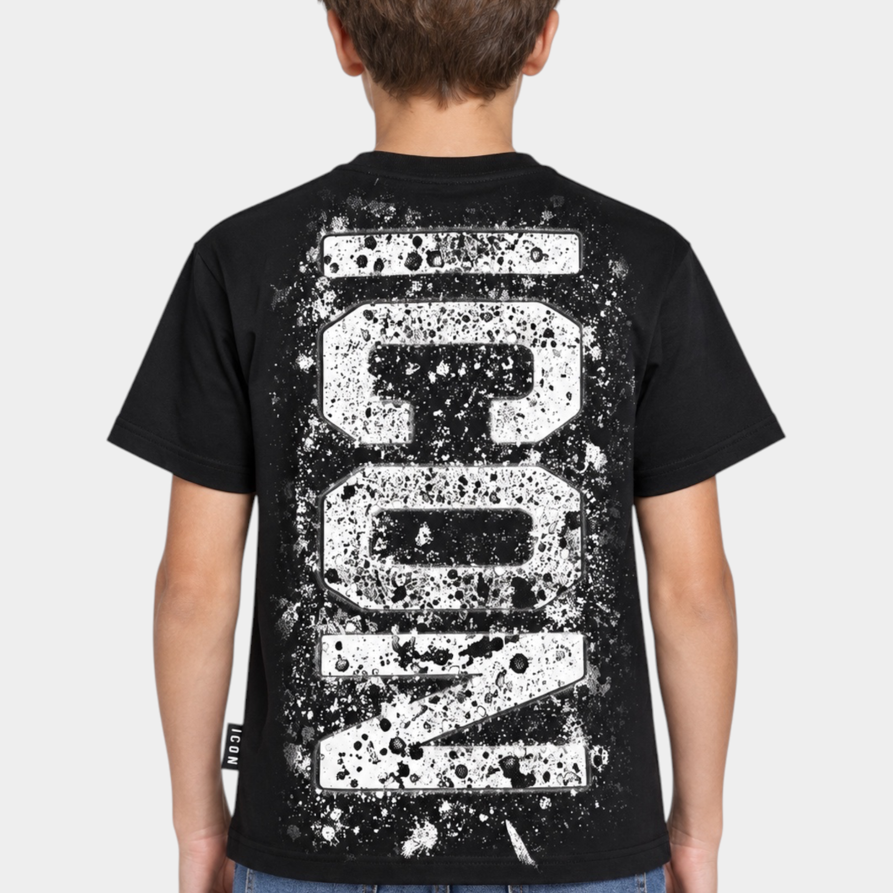 T-shirt nera Follower SRL per bambino con stampa ICON bianca effetto schizzi di vernice vista posteriore