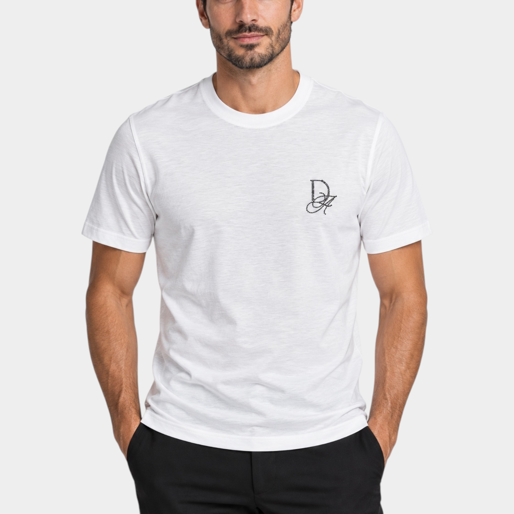T-shirt bianca da uomo Follower SRL in misto cotone e modal con logo strass Daniele Alessandrini sul petto