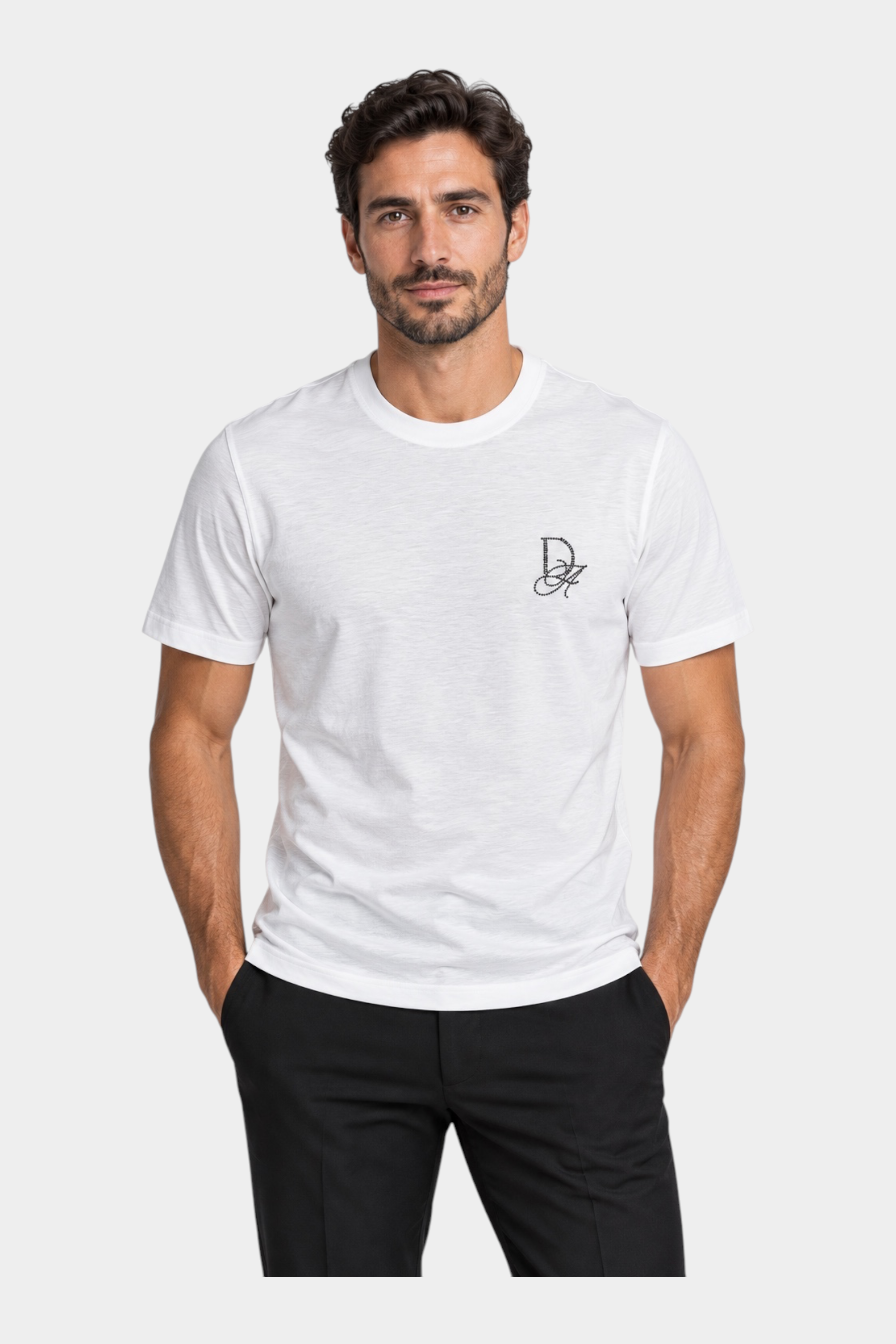 T-shirt bianca da uomo Follower SRL in misto cotone e modal con logo strass Daniele Alessandrini sul petto