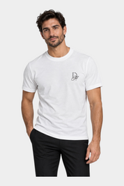 T-shirt bianca da uomo Follower SRL in cotone e modal con logo strass sul petto, indossata da un modello