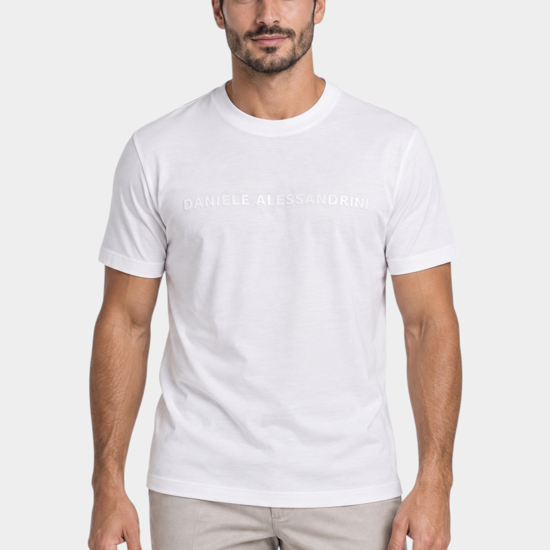 T-shirt bianca da uomo Follower SRL in misto cotone e modal con logo Daniele Alessandrini in rilievo sul petto