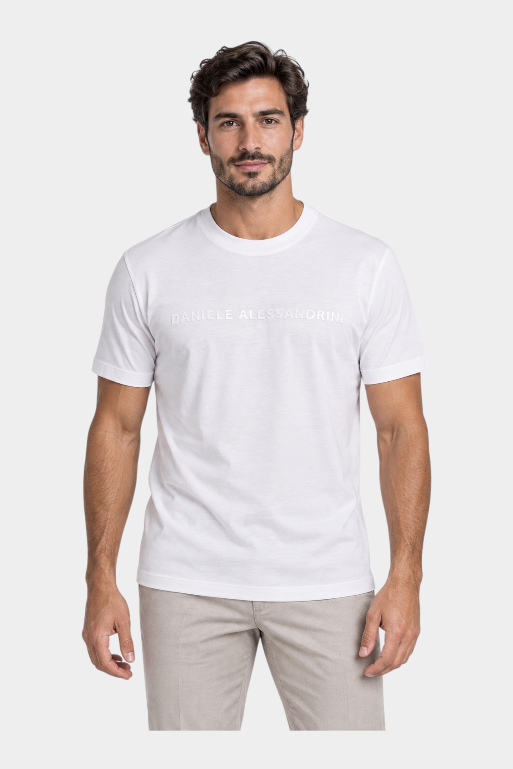 T-shirt bianca da uomo Follower SRL in misto cotone e modal con logo Daniele Alessandrini in rilievo sul petto