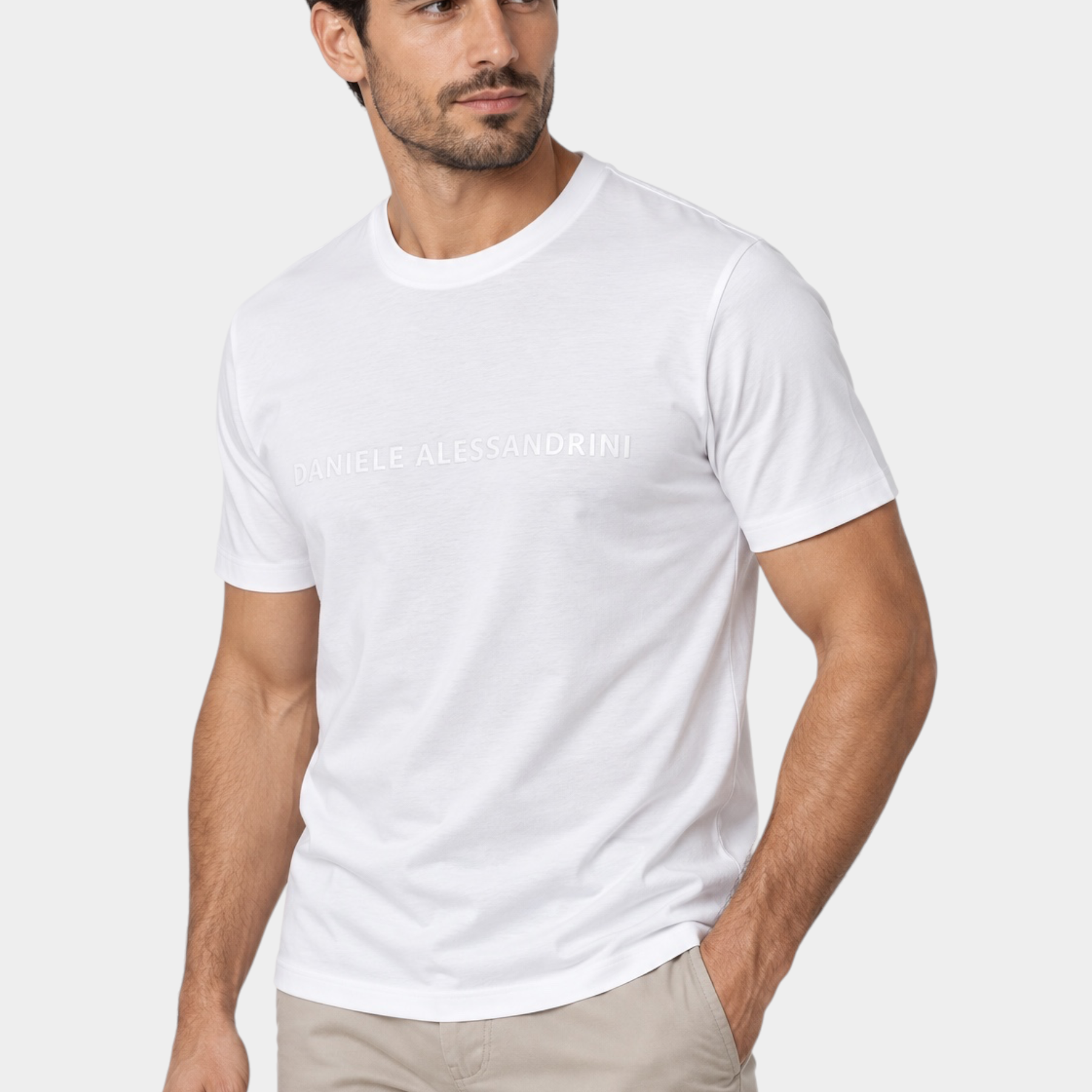 T-shirt bianca da uomo Follower SRL in misto cotone e modal con logo Daniele Alessandrini ricamato sul petto