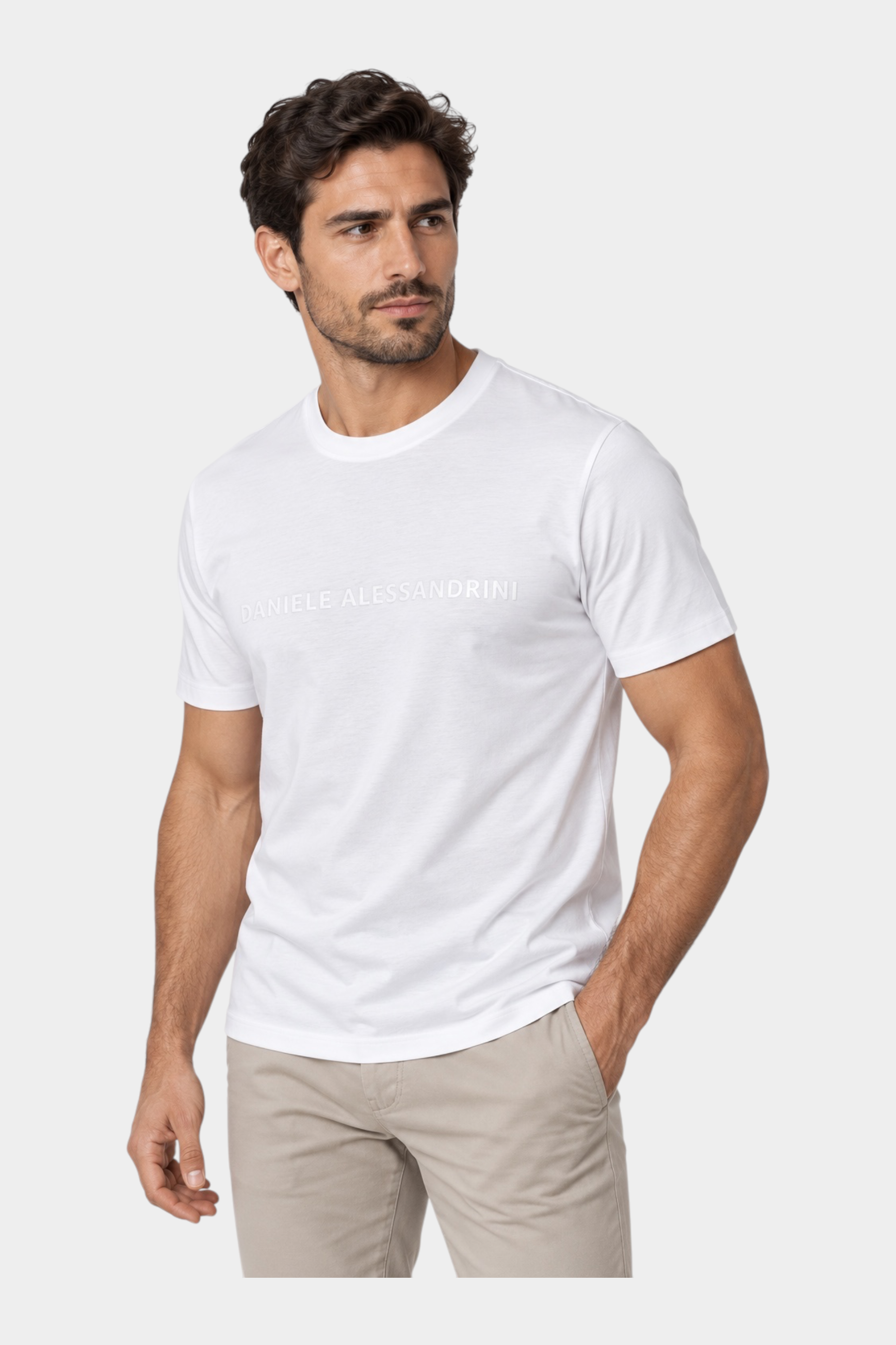 T-shirt bianca da uomo Follower SRL in misto cotone e modal con logo Daniele Alessandrini ricamato sul petto