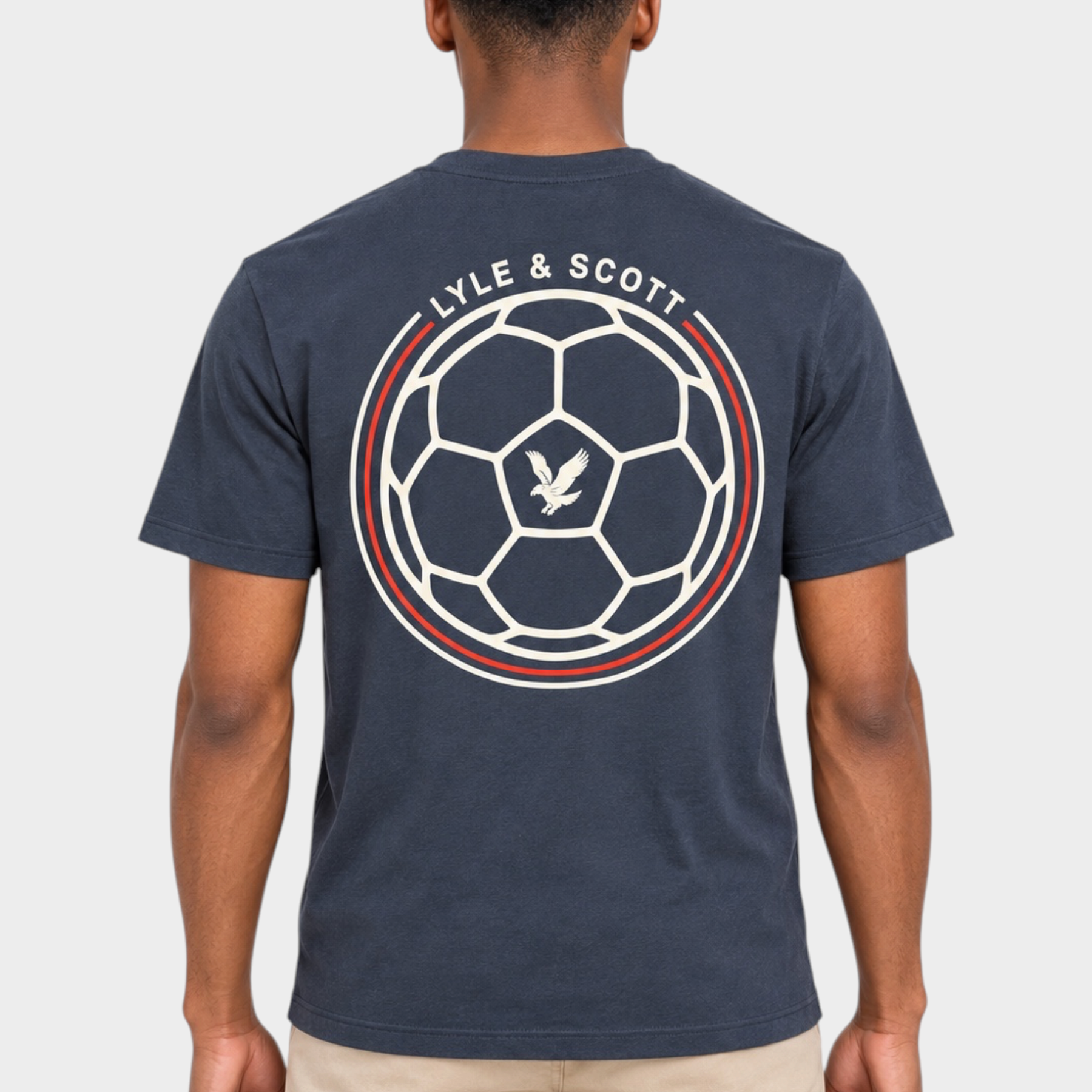 T-shirt blu Follower SRL con stampa grafica retro a forma di pallone da calcio e logo sul retro