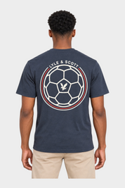 T-shirt blu Follower SRL con stampa grafica retro a forma di pallone da calcio e logo sul retro