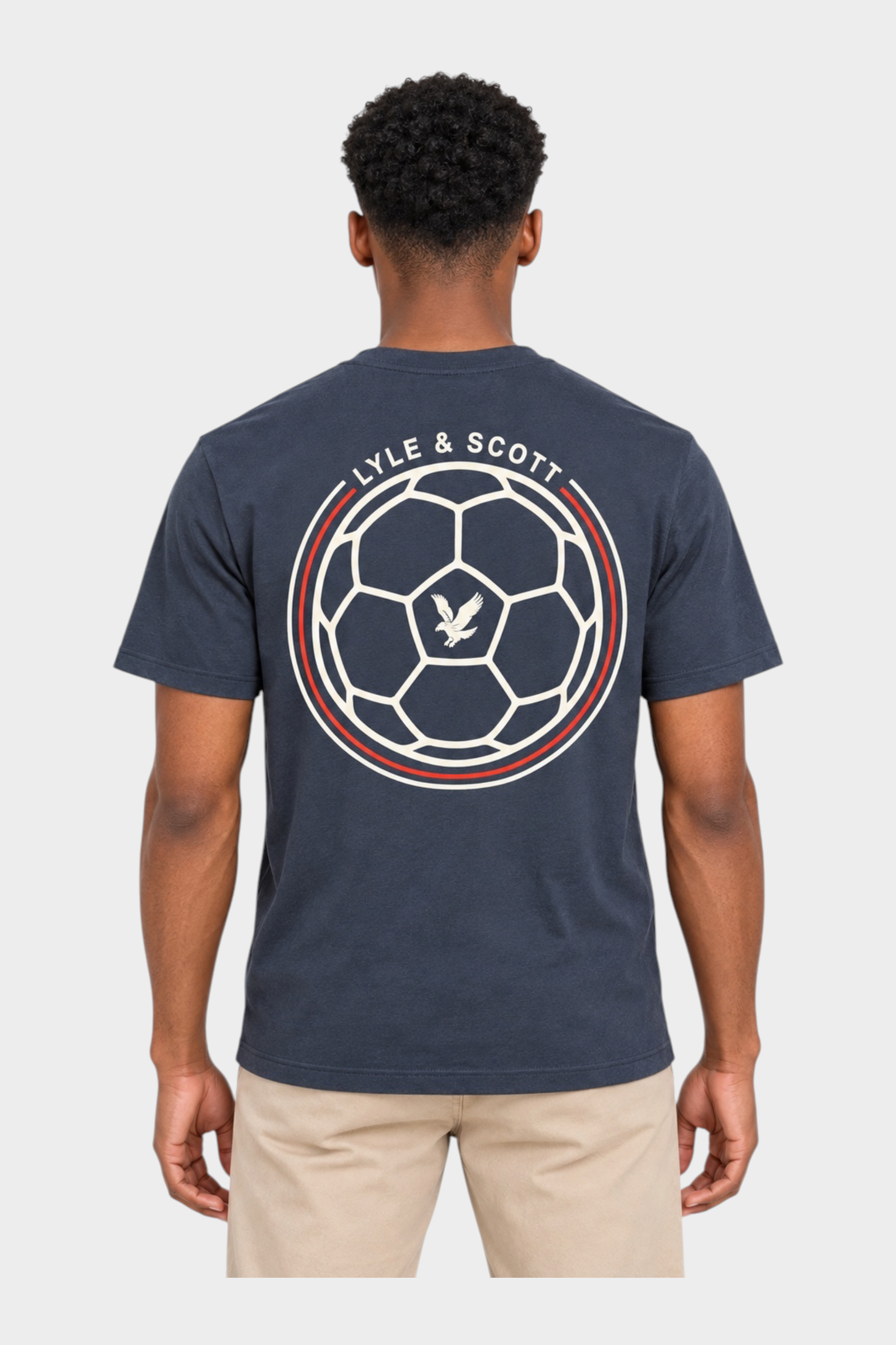 T-shirt blu Follower SRL con stampa grafica retro a forma di pallone da calcio e logo sul retro