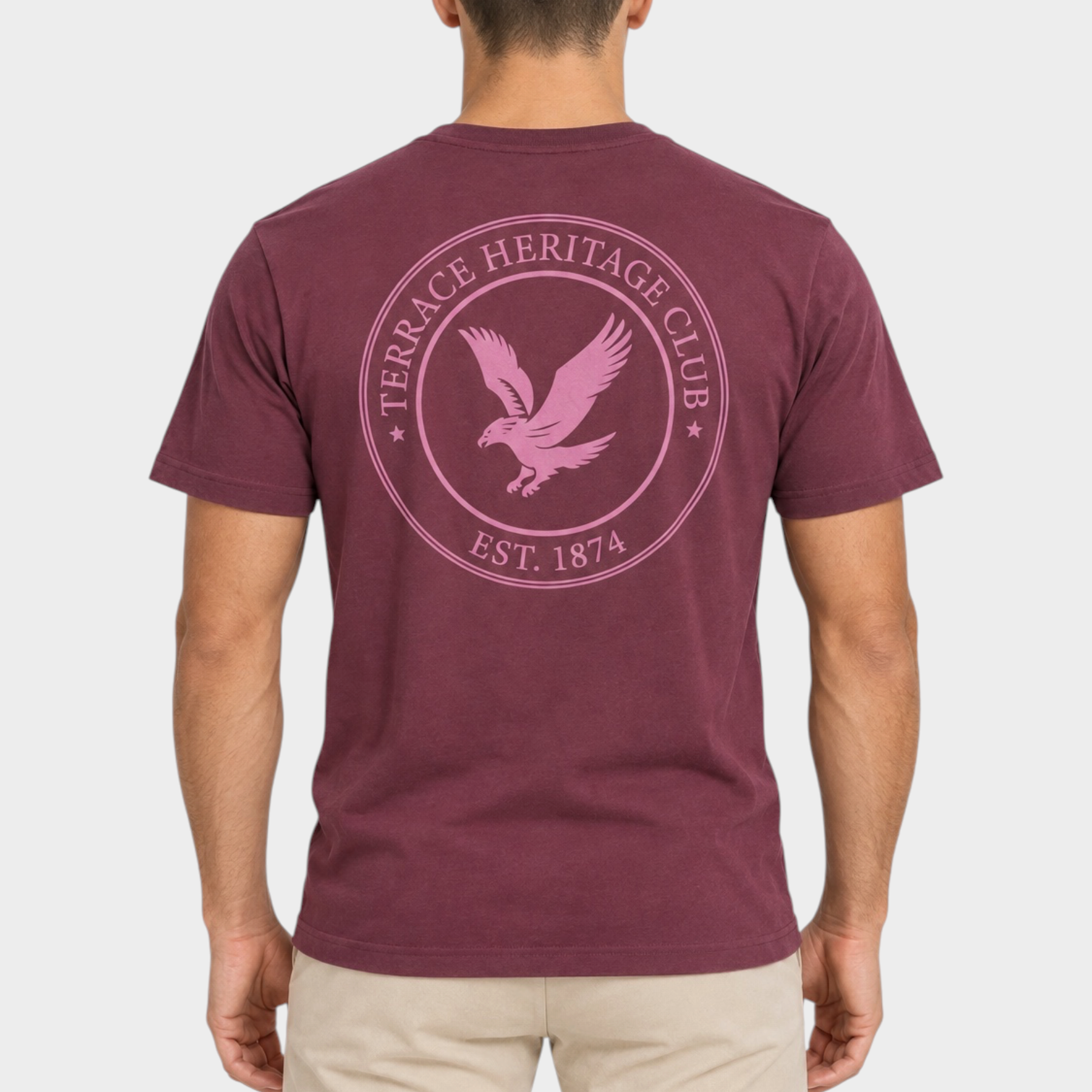 T-shirt bordeaux Follower SRL con stampa circolare retro Terrace Heritage Club e logo aquila sulla schiena