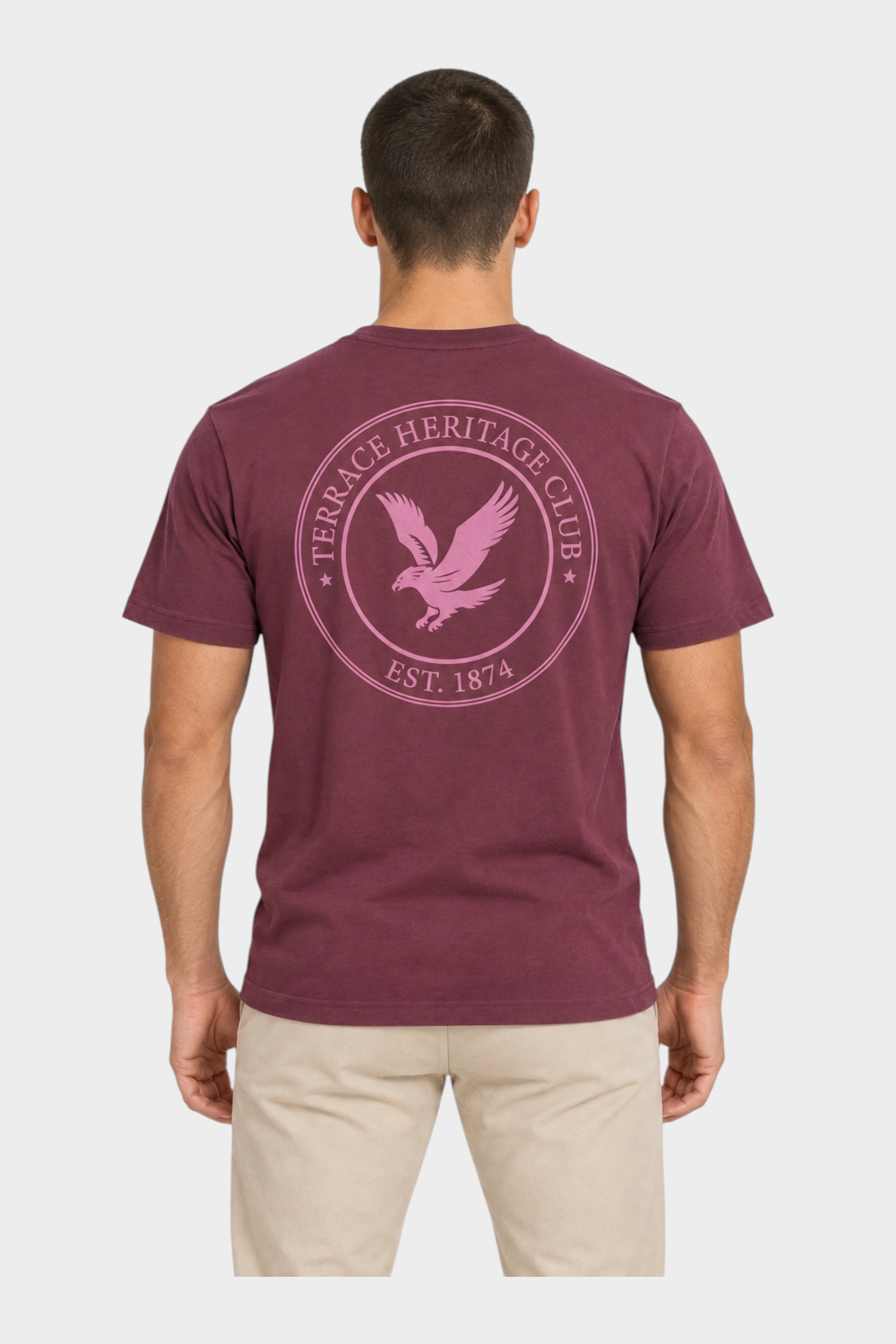 T-shirt bordeaux Follower SRL con stampa circolare retro Terrace Heritage Club e logo aquila sulla schiena